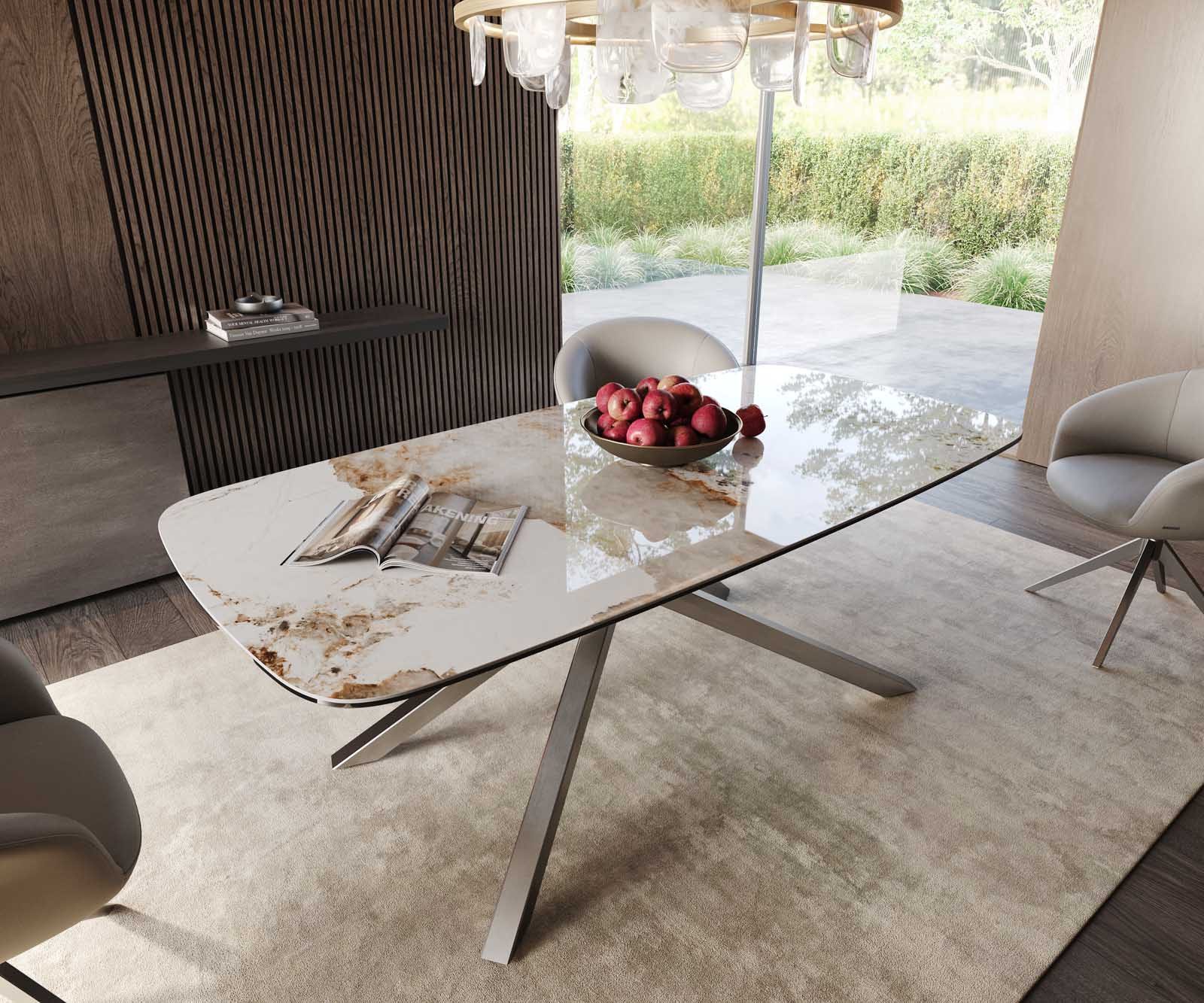 DELIFE Esstisch Edge, Boot Keramik Minas Melange Weiß-Beige 200x100 Kreuzgestell Rechteck Ed