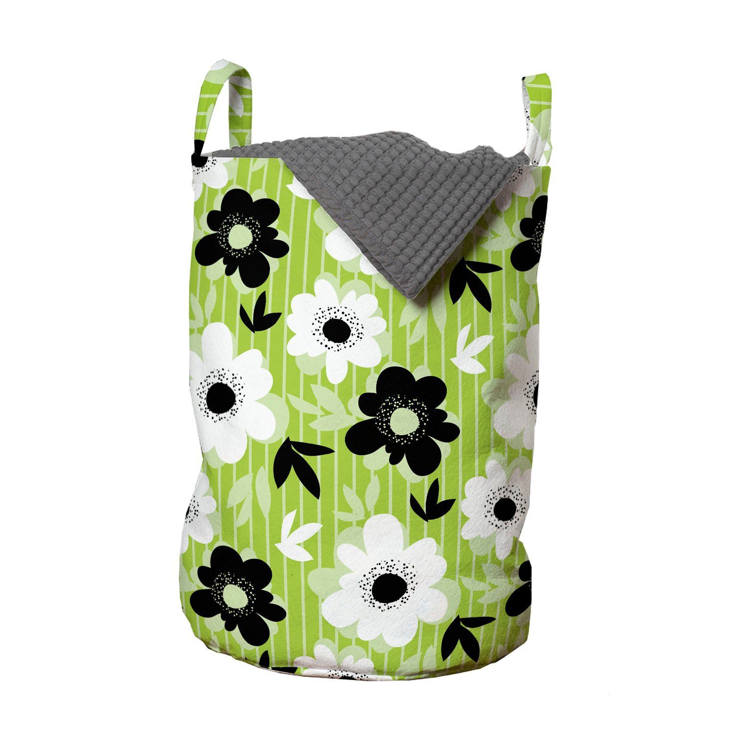 Abakuhaus Wäschesäckchen Wäschekorb mit Griffen Kordelzugverschluss für Waschsalons, Frühling Vögel Streifen und Blumen