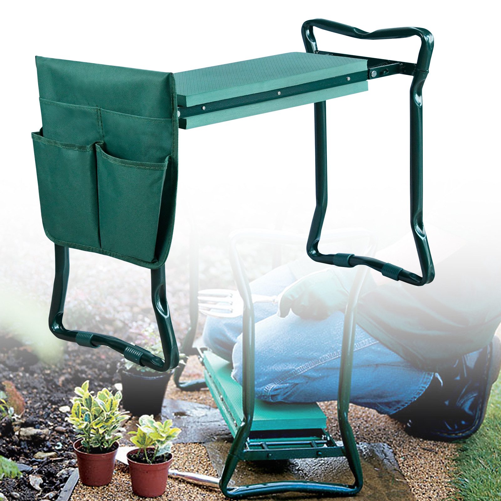 FIVMEN Kniebank Arbeitshocker 2-in-1 Gartenhocker Gartenarbeit Kniehilfe, 60x50x28cm, mit Eva-Schaumkissen Arbeitstasche Gepolstert für Garten, Grün