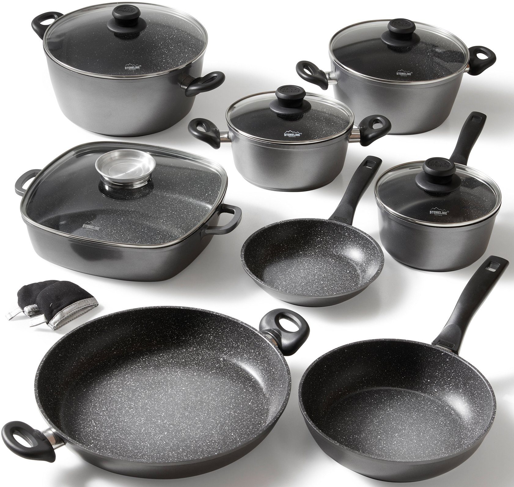 STONELINE Topf-Set, Aluminiumguss (Set, 13-tlg., Bratentopf 24/28, Kochtopf 20, Kasserolle 18, Pfanne 20/24/28/32 cm), Induktion