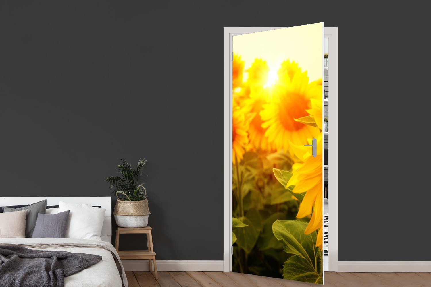- - St), Türtapete cm Türaufkleber, - 75x205 Fototapete MuchoWow Blumen Tür, Sonnenblume Sonne, Gelb bedruckt, (1 Matt, für