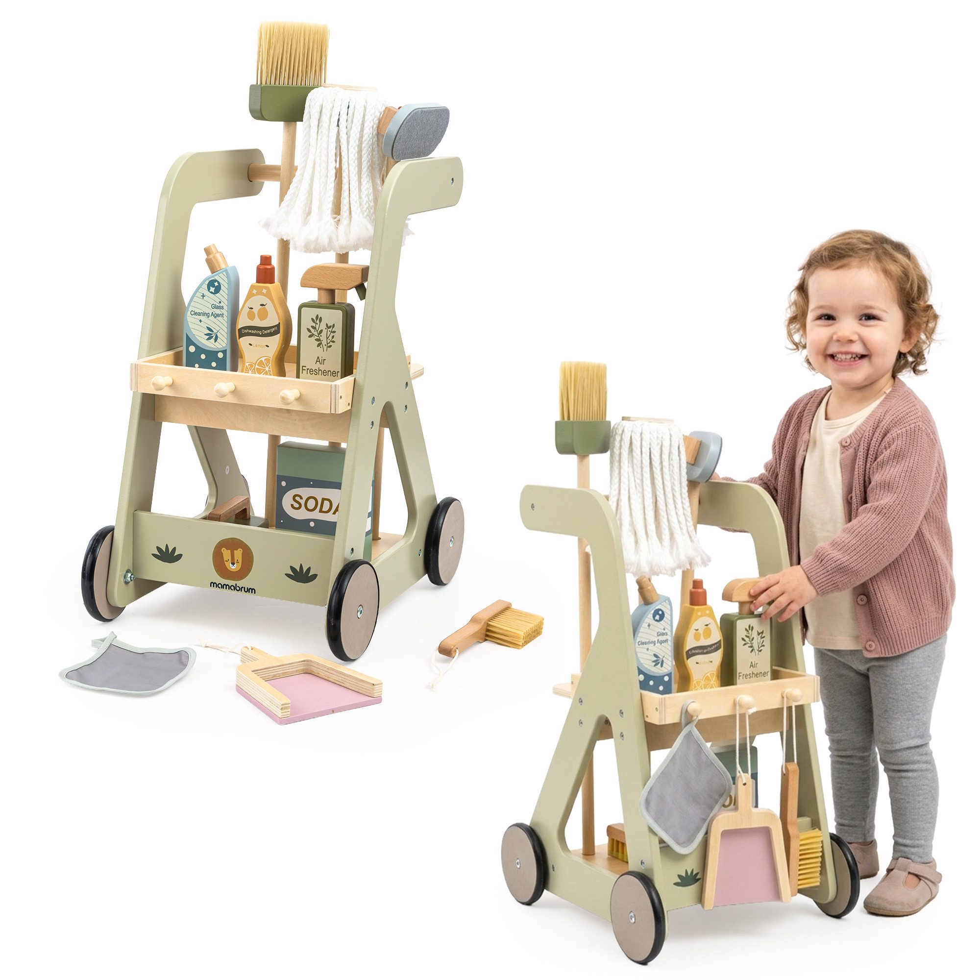Mamabrum Lauflernhilfe Mamabrum Putzwagen Kinder Holz Reinigungswagen mit Zubehör