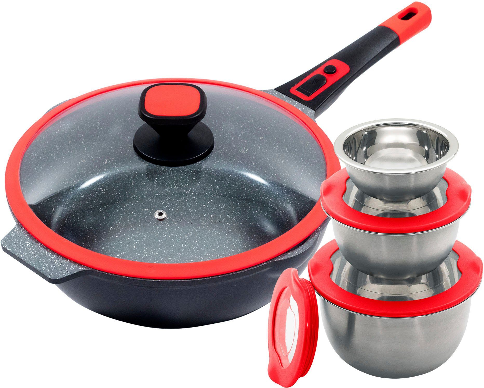 KING Bratpfanne Click-Grip, Aluminiumguss (Set, 8-tlg., 3 Schüsseln Ø17.5 Ø14.5cm Ø12cm mit Deckeln, 1 Pfanne Ø28cm mit Deckel), Induktion, mit Glasdeckel, abnehmbarer Pfannengriff, 28 cm