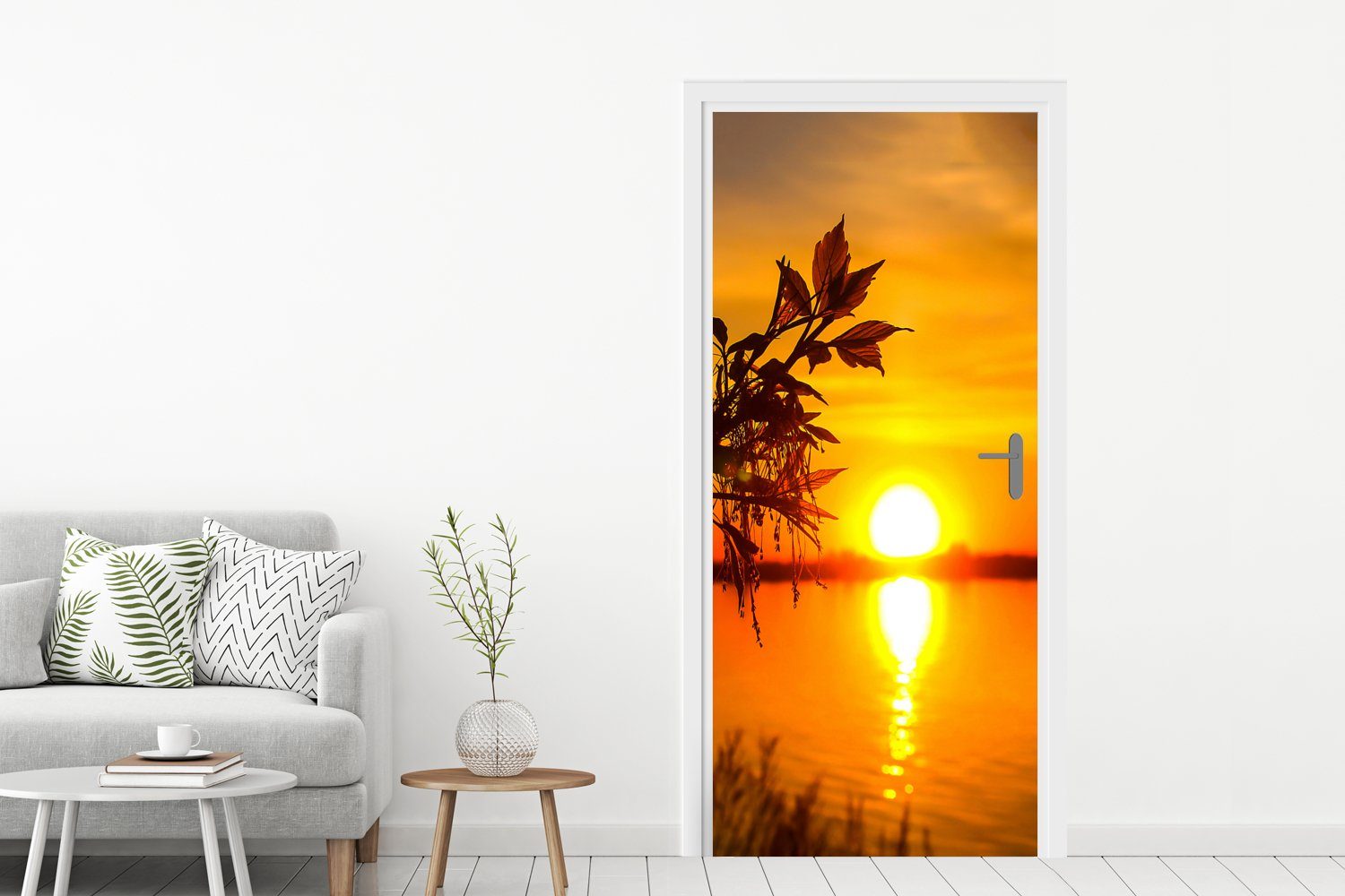 Tür, - 75x205 Wasser Orange, Türaufkleber, Pflanzen - für - Matt, Fototapete (1 MuchoWow Türtapete cm St), bedruckt, Sonnenuntergang