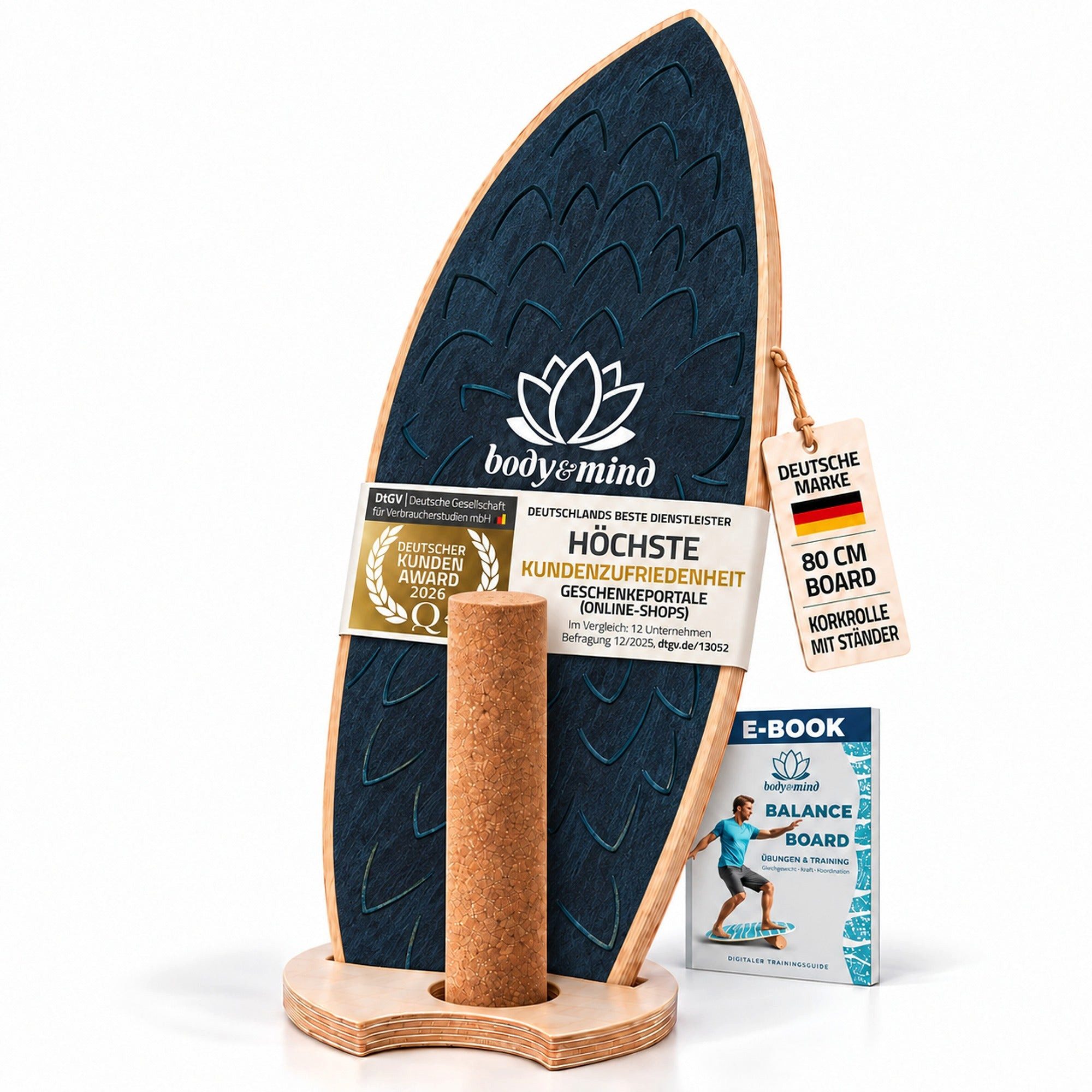 Body & Mind Balanceboard Surf Balance Board – Holz Wackelbrett mit Korkrolle + Ständer & E‑Book, Trainiert Gleichgewicht & Koordination
