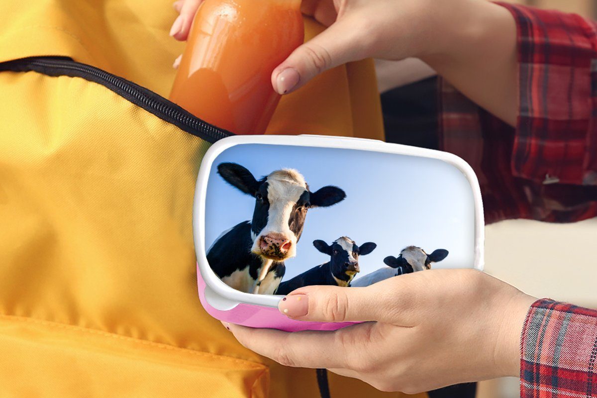 Kunststoff, Lunchbox - - Kinder, Blau rosa Makro, Brotdose - Erwachsene, Tiere (2-tlg), Kuh Mädchen, Kunststoff MuchoWow für Snackbox, Brotbox