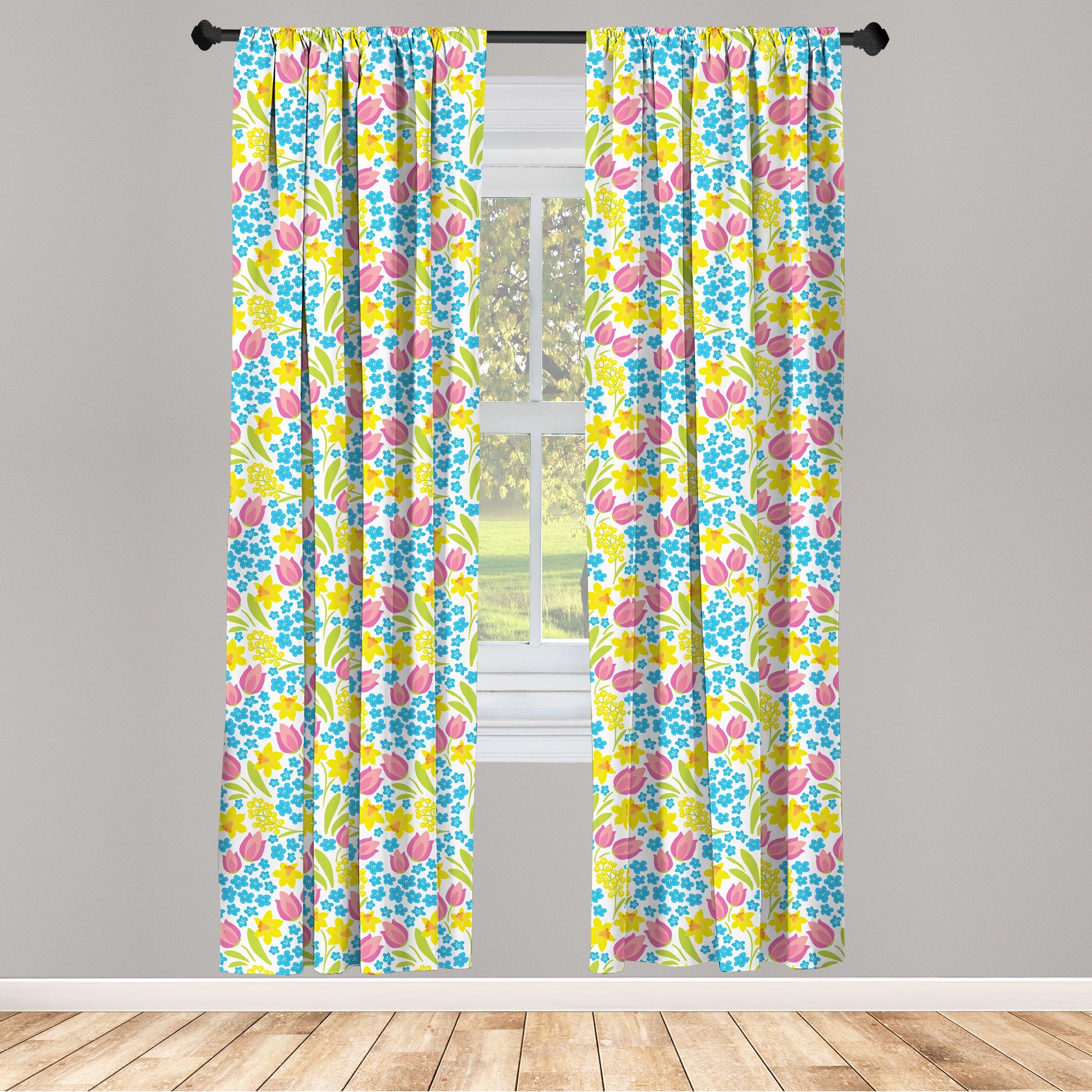 Gardine Vorhang für Wohnzimmer Schlafzimmer Dekor, Abakuhaus, Microfaser, Blumen Frühlings-Narzissen-Tulpe Mimosa