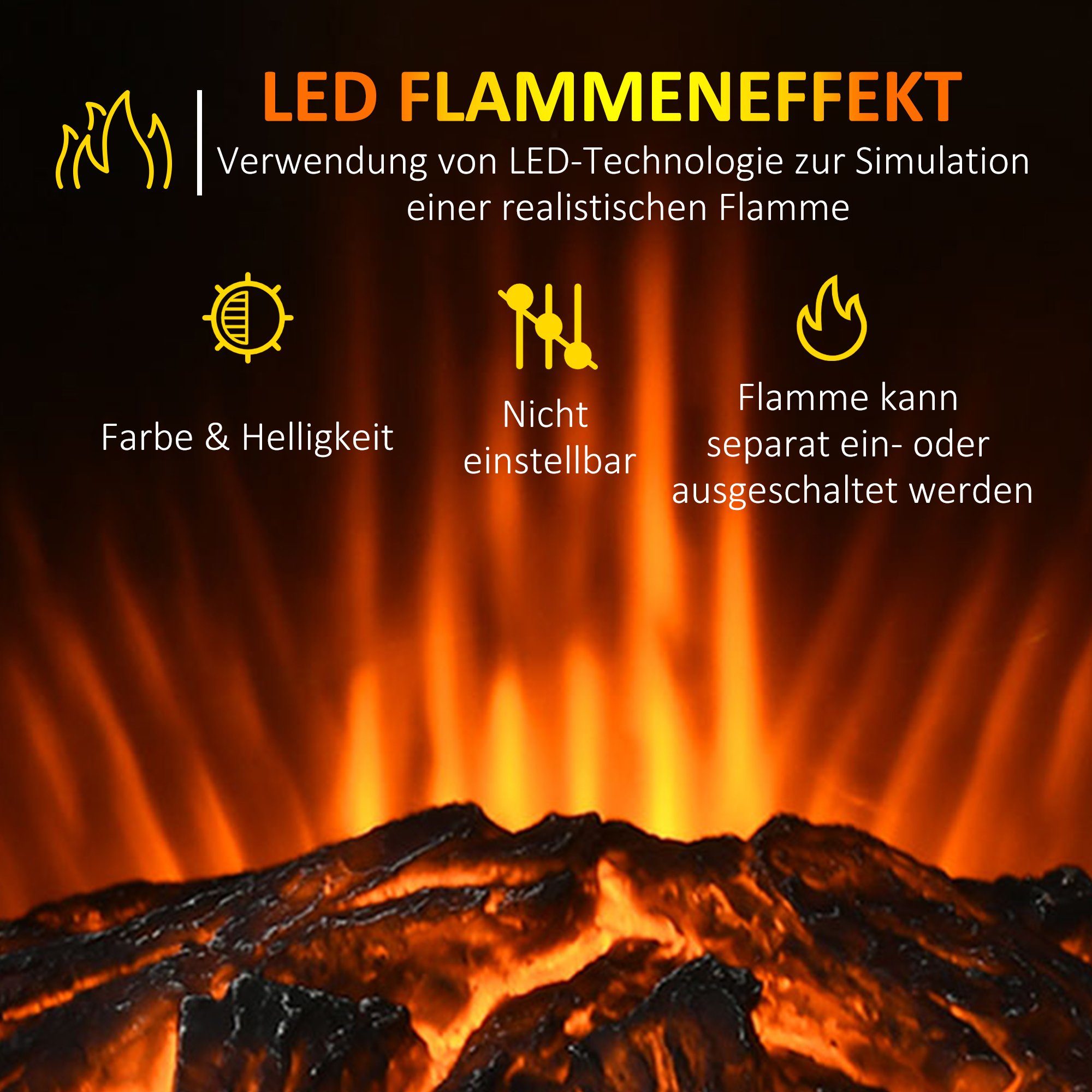 HOMCOM Elektrokamin LED Standkamin mit Flammeneffekt Innenraumheizung Stahl Schwarz, 2 Heizstufen, 1000,2000W – Bild 5 von 5