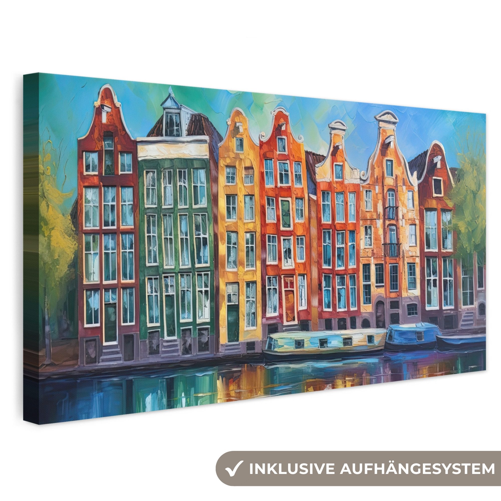 OneMillionCanvasses® Leinwandbild Panorama Amsterdam - Ölfarbenoptik - Gracht - Kunstdrucke - Kunst, Fotodruck (1 St), Wandbild, Deko Schlafzimmer Wohnzimmer Flur 40x20 cm
