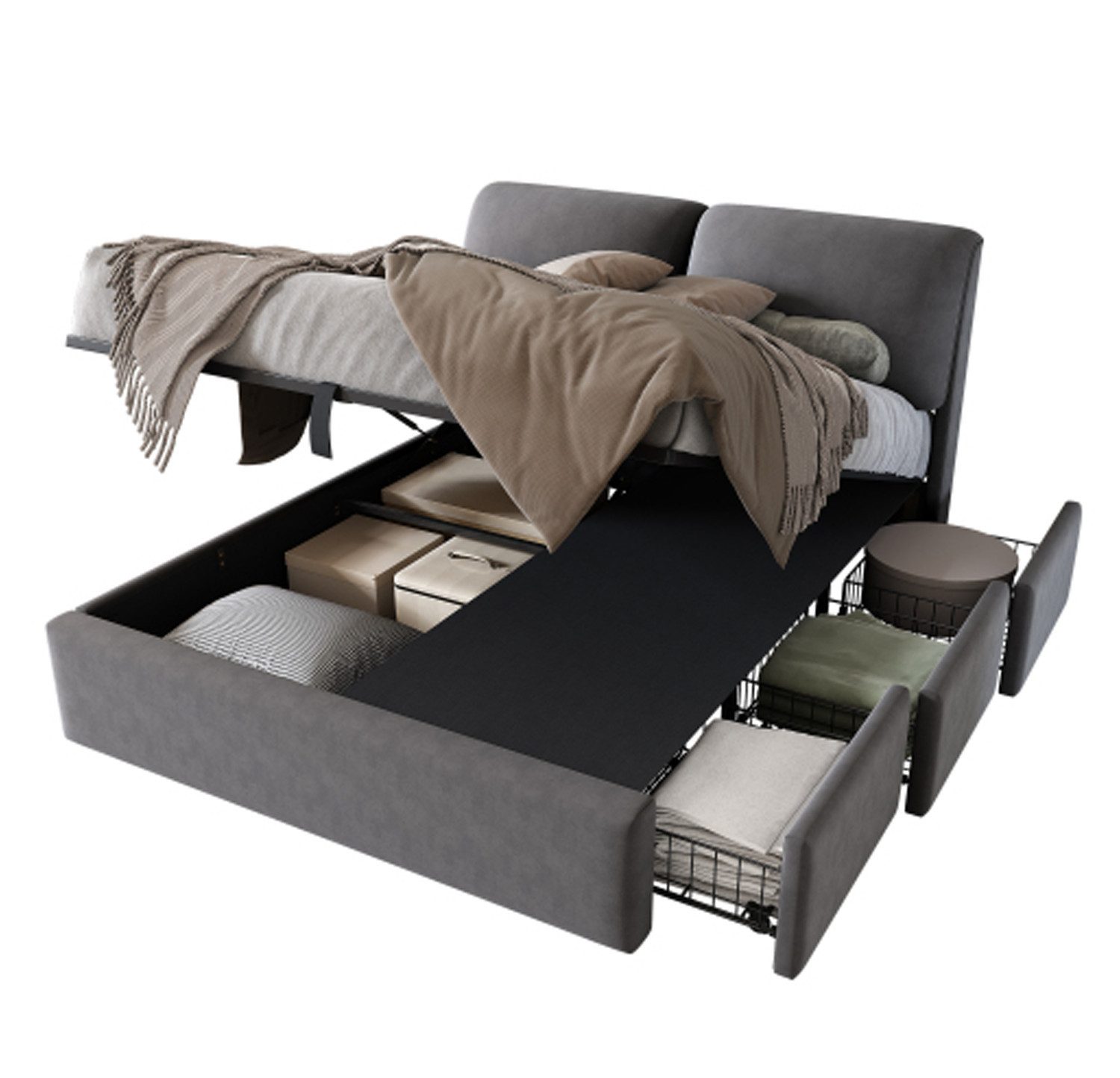 BlingBin Polsterbett 140*190, Hydraulischer Lattenrost drei Schubladen Bettkasten (1 Set, 1-tlg., 203x144.5x140cm), für Spielsachen und Kleidung, praktisch und ordenlich.