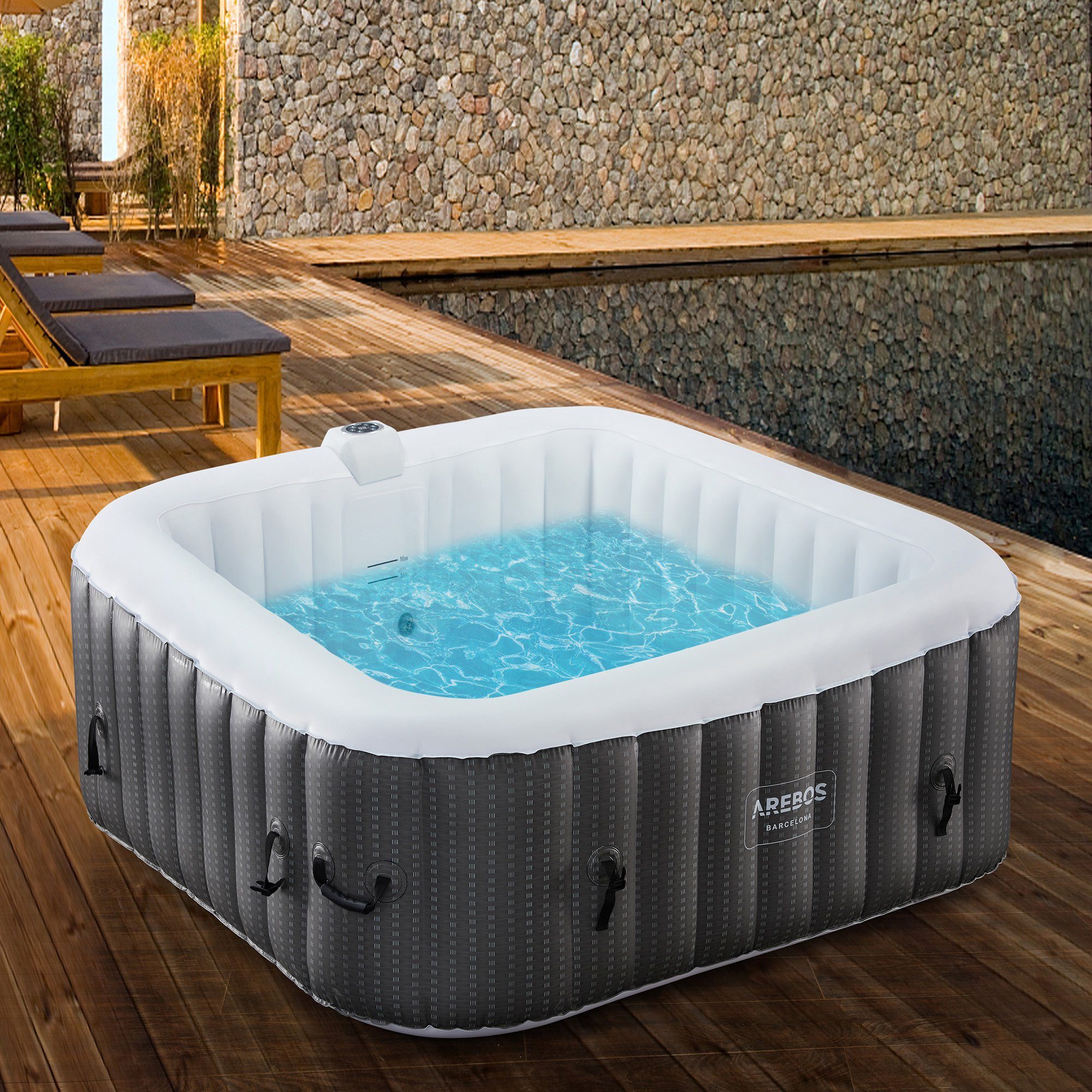 Arebos Whirlpool Aufblasbar, Innen- und Außenbereich, 185 x 185 cm, 6 Personen, (Set, Aufblasbar,komplett mit Zubehör), LED-Display