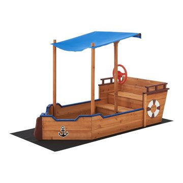 en.casa Sandkasten, »Grömitz« Sandkiste Segelschiff 103 x 160 x 78 cm Holzsandkasten mit Sonnendach Sandbox mit aufklappbarer Sitzbank