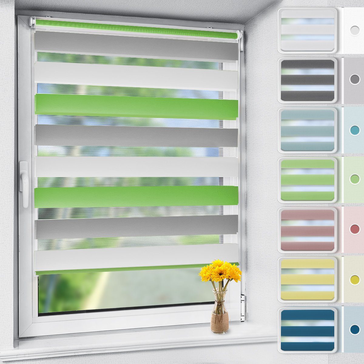 Doppelrollo rollos für Fenster ohne Bohren 130cm, OUBO, Lichtschutz, freihängend, mit Klemmträger, Klemmfix, livhtdurchlässig und verdunkelnd Grün-Grau-Weiß