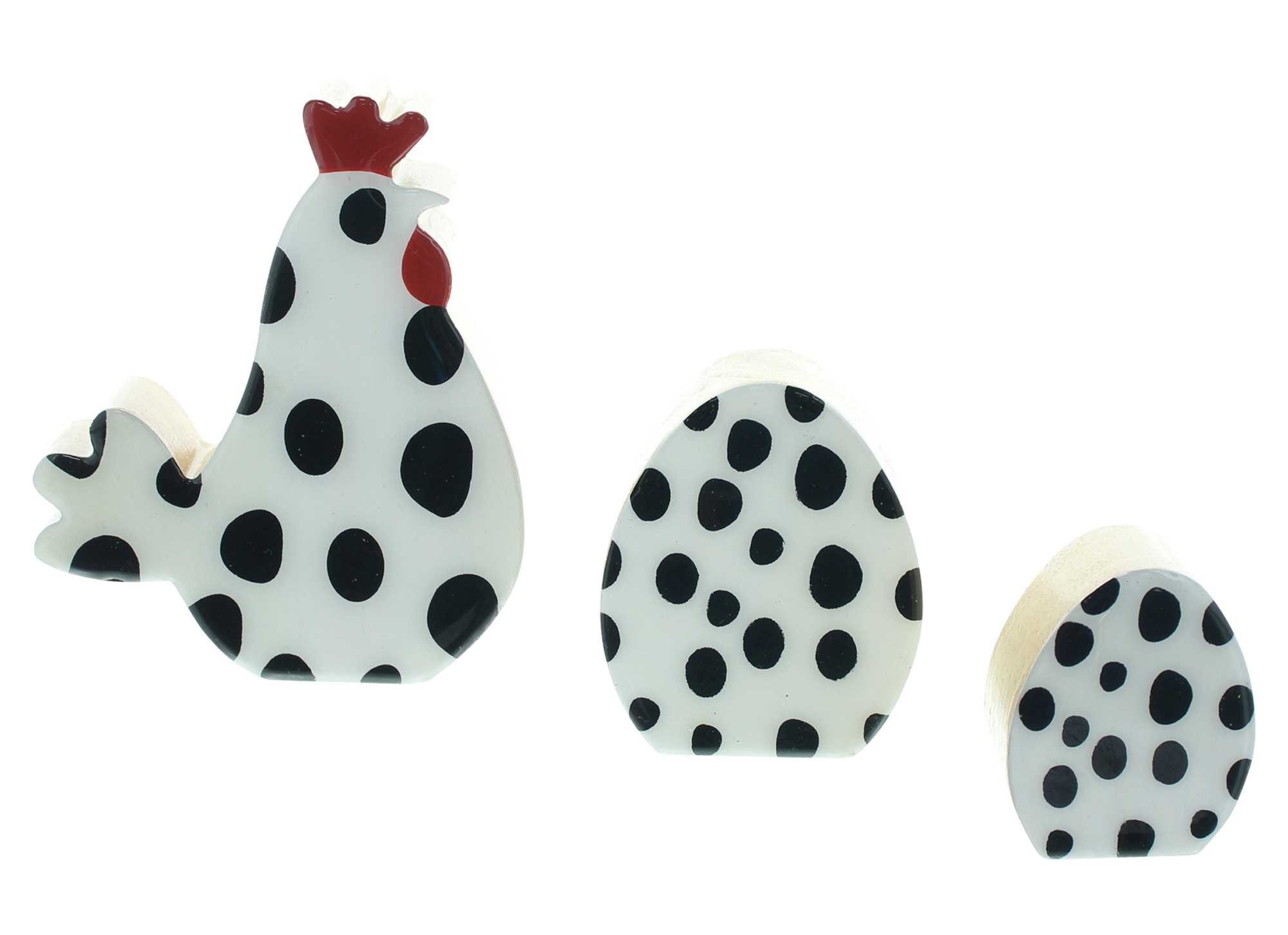 Dekofigur "Gepunktet" aus Holz Huhn + 2 Ostereier, Osterdeko Dekohuhn Osterfigur
