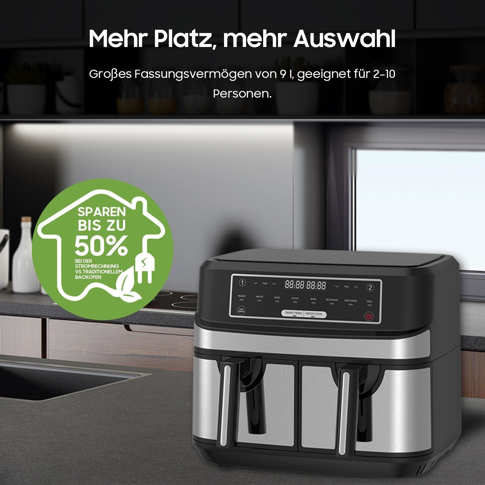 Senmudi Heißluftfritteuse 10L Heißluftfritteuse mit Funktion, Öl, LED-Touchscreen Sync XXL 2600,00 Finish ohne 8 Programmen, Doppelkammer, mit Airfryer B-Schwarz W, Digitalem