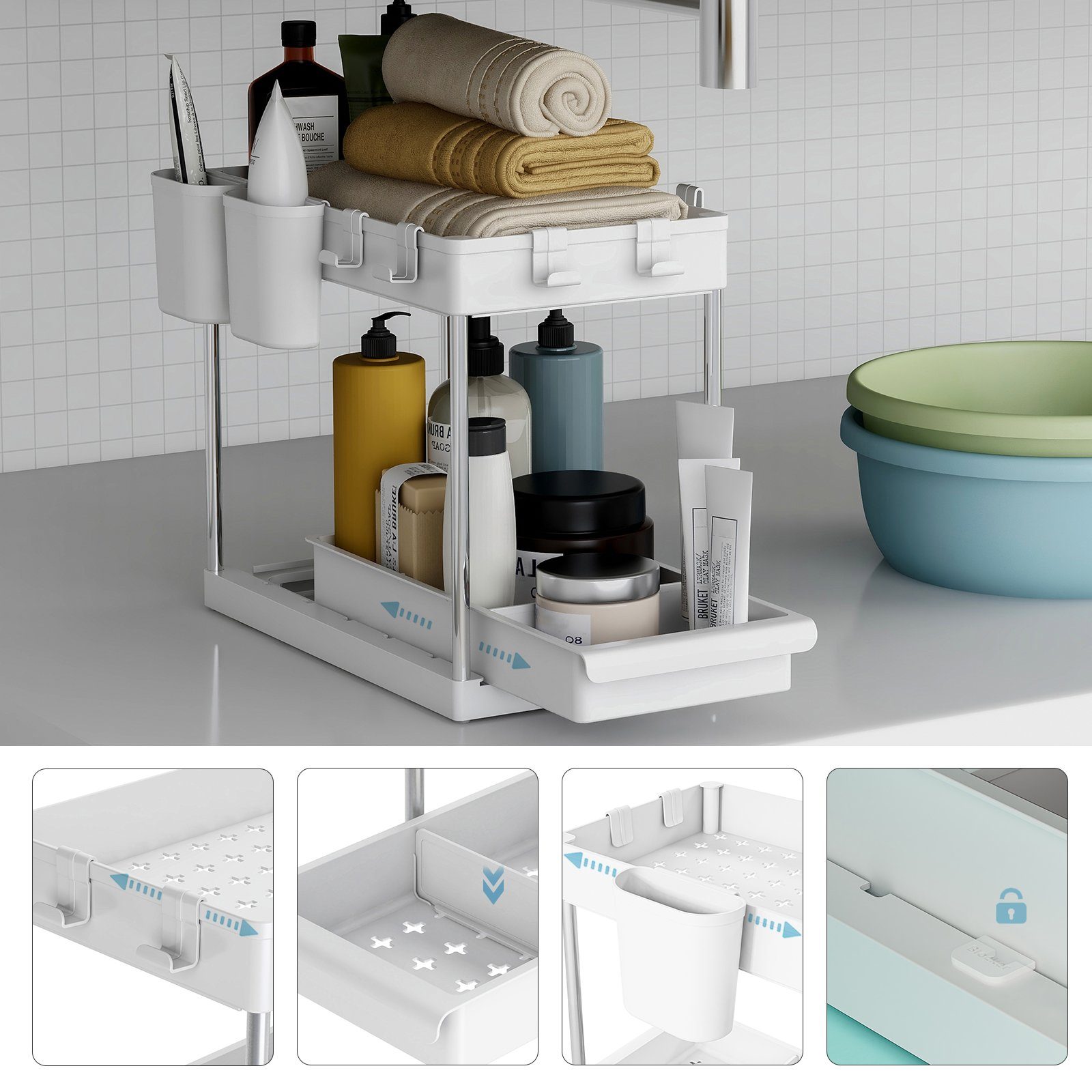 Mondeer Regal Küchenregal Waschbecken 32.5cm x 1er-Set, 4-Haken x Tassen, 2-Ebenen, 40.7 22 2-Hängenden mit Regal