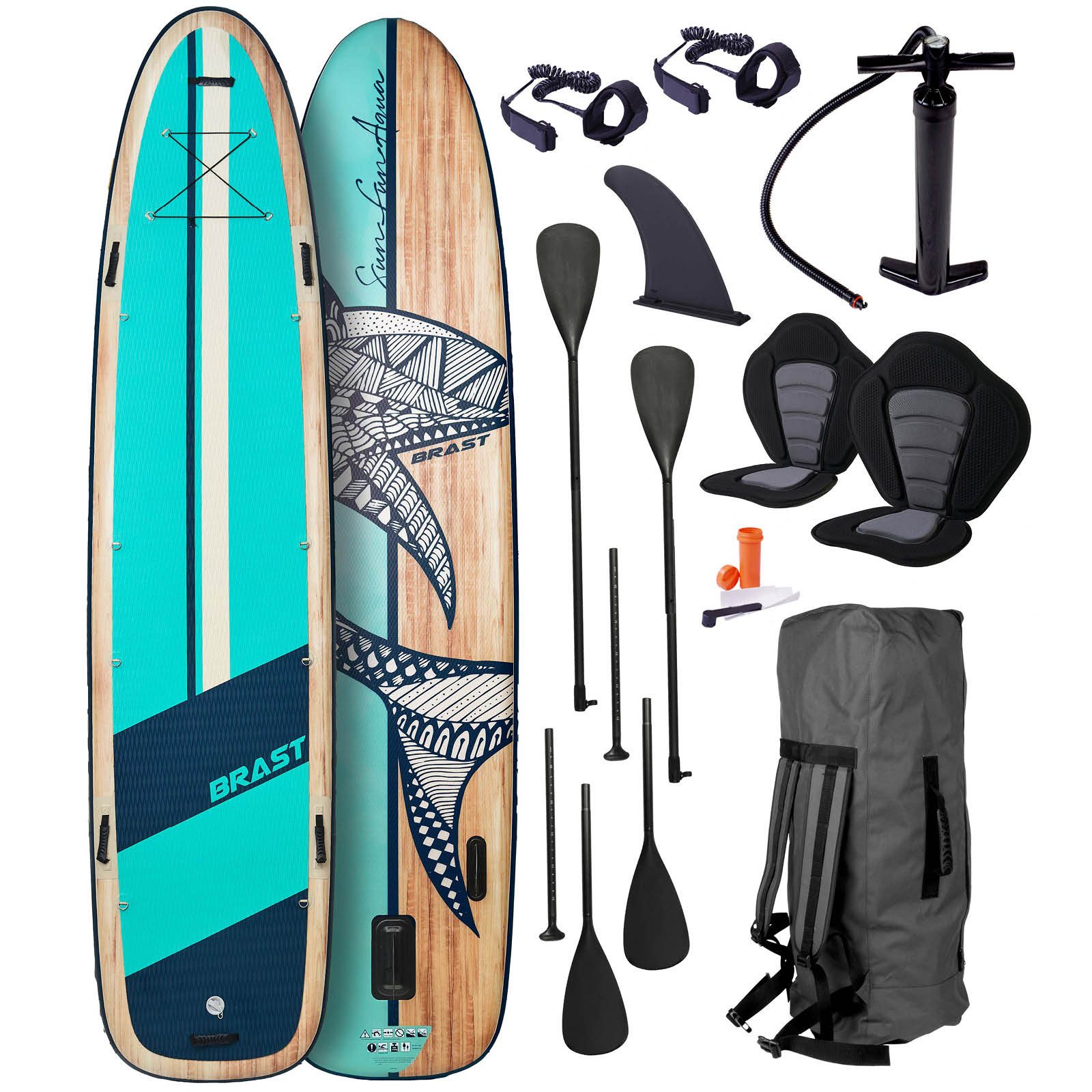 BRAST SUP-Board Family Aufblasbares Stand up Paddle Set XXL - 370x87x15cm bis 210kg, inkl. Zubehör 2X Kajak-Sitz 2X Fußschlaufe, (5 Jahre Garantie), 2X Paddel Pumpe Rucksack