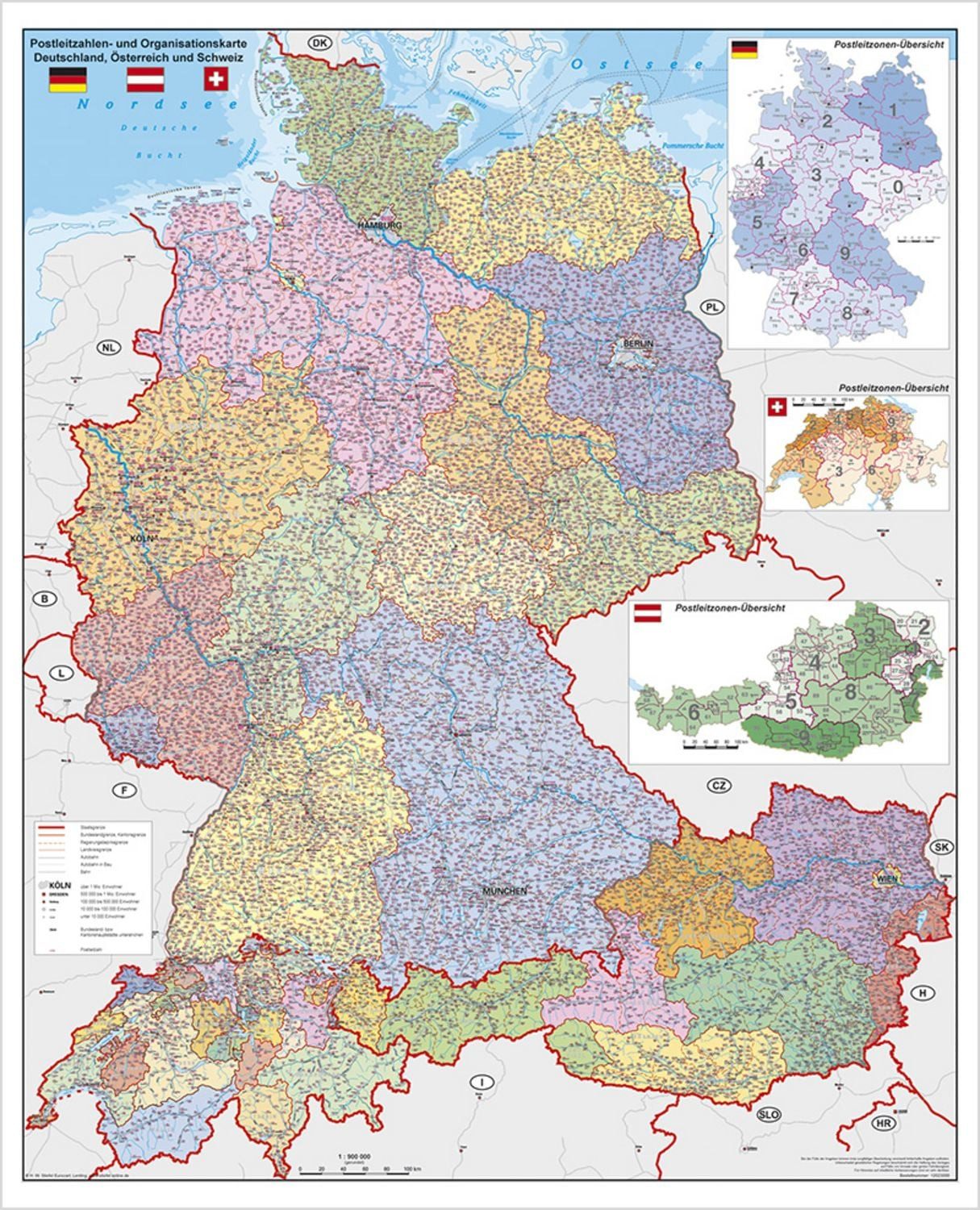 Deutschland-Österreich-Schweiz Postleitzahlen- und Organisationskarte / Heinrich Stiefel