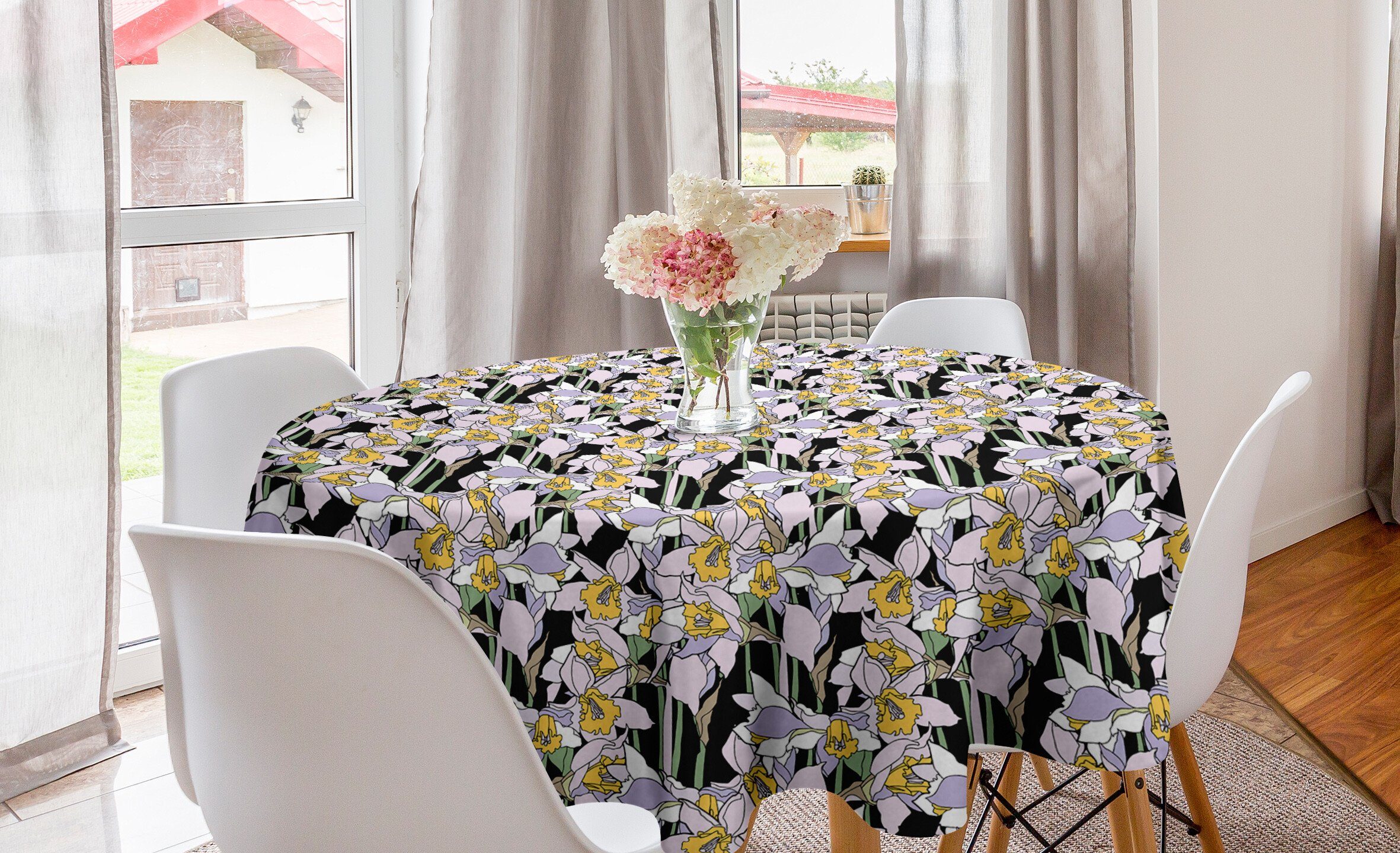 Abakuhaus Tischdecke Kreis Tischdecke Abdeckung für Esszimmer Küche Dekoration, Blumen Cartoon-Stil Blumen Theme