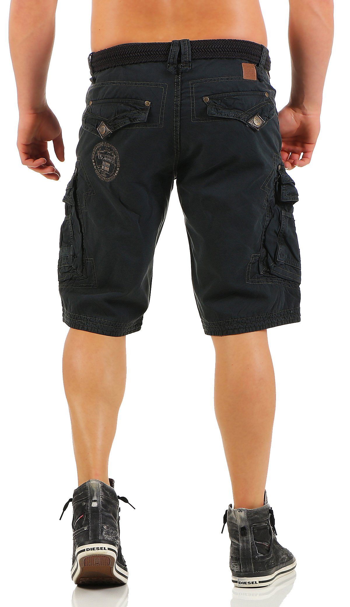Norway Hose, kurze Cargoshorts Schwarz Shorts G-PERLE unifarben / Herren Geographical abnehmbarem Gürtel) Shorts, (mit camouflage