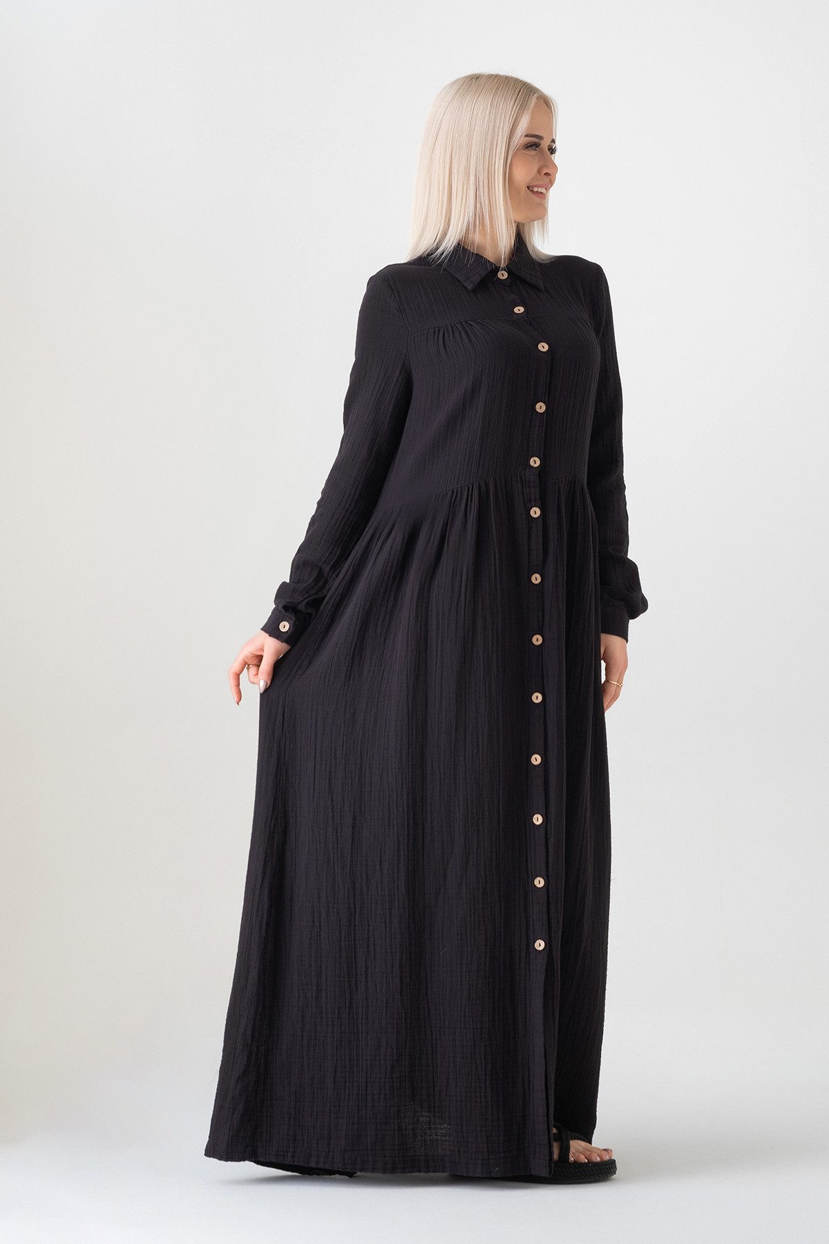 WENOR Sommerkleid Musselin Maxikleid 100% Baumwolle, mit Knopfleiste, 145 cm Modest hoher Tragekomfort, blickdicht, figurumspielend – Bild 4 von 5