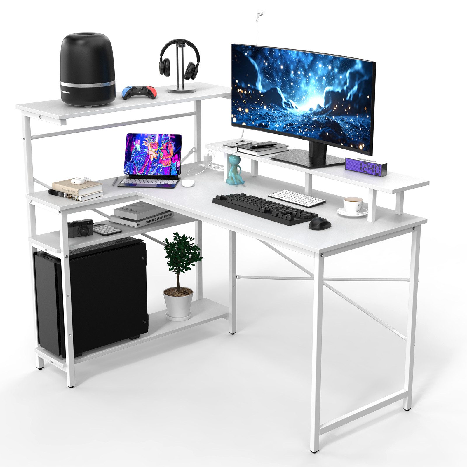 JEOBEST Computertisch Schreibtisch Gaming Tisch mit Regal, (1-St), Computertisch L Form, PC Tisch für Büro, Heimbüro