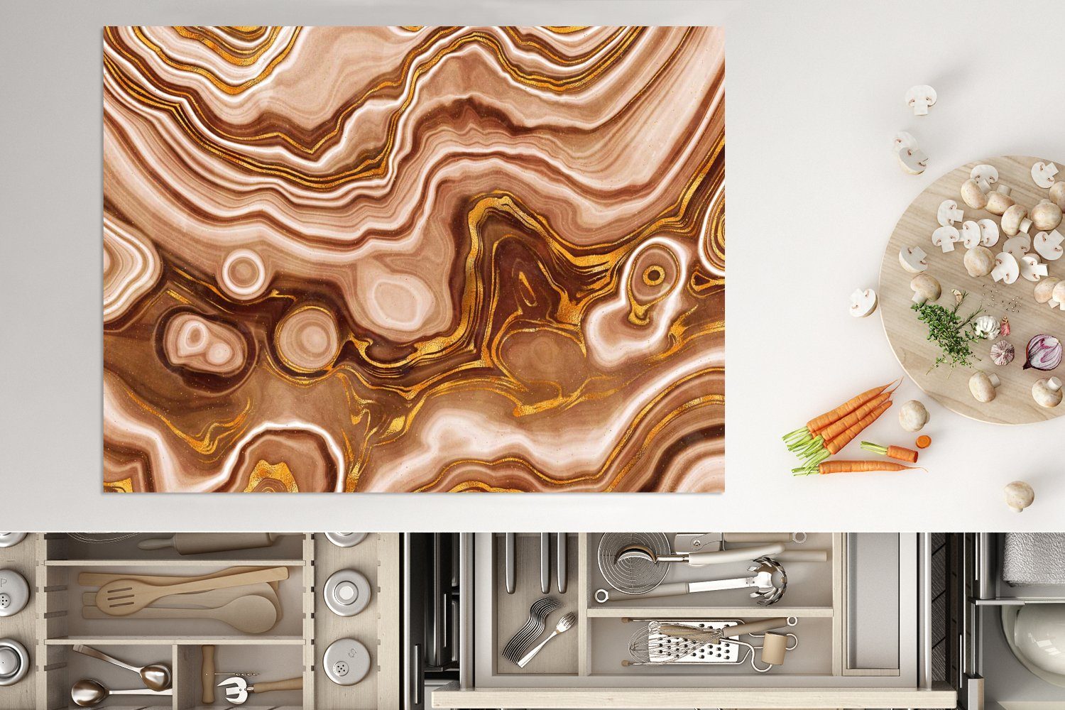 MuchoWow Herdblende-/Abdeckplatte Marmor Ceranfeldabdeckung (1 Mobile Arbeitsfläche Vinyl, cm, Muster, tlg), nutzbar, 70x52 Gold - 