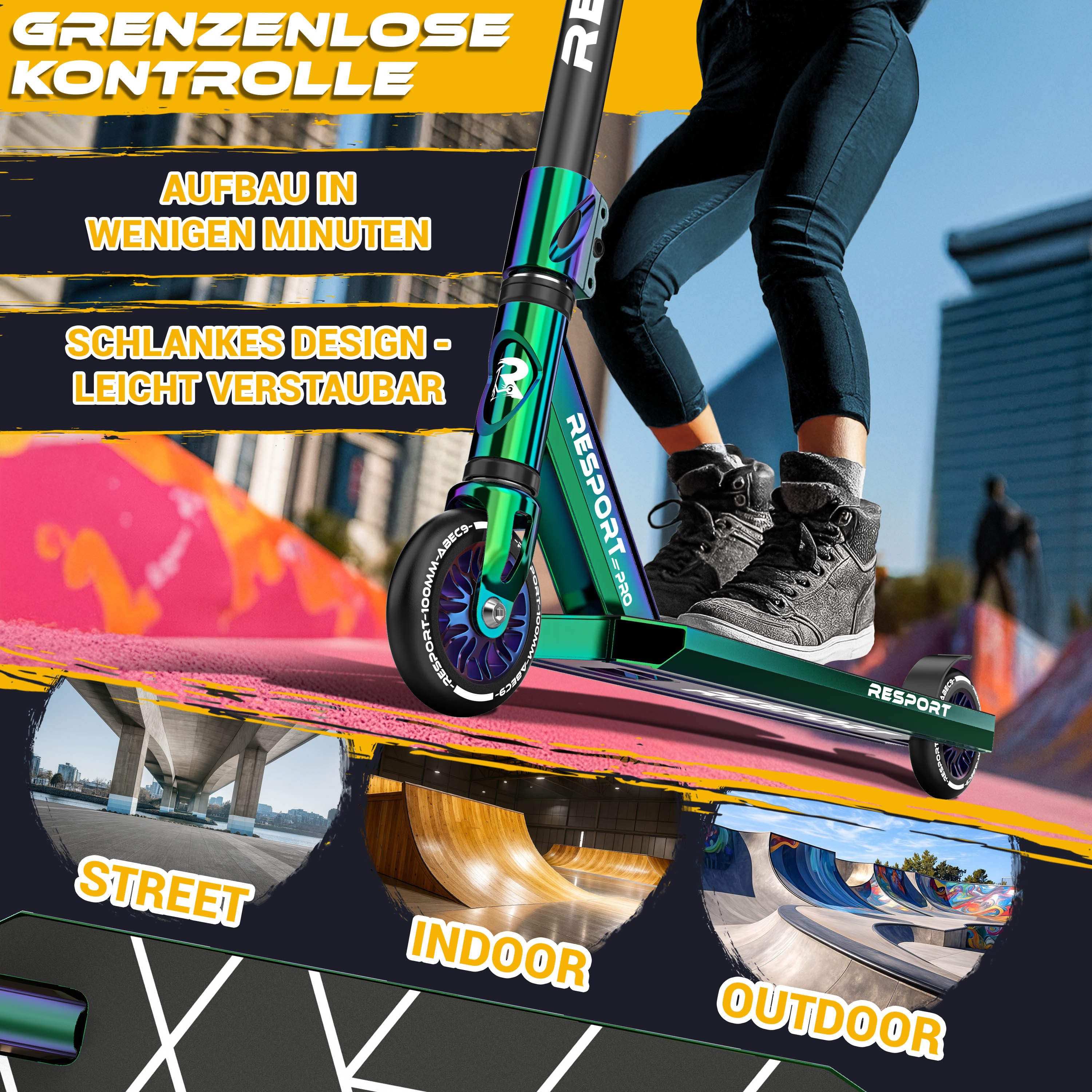 RE:SPORT Cityroller RE:SPORT® Revo Pro Stunt Scooter inkl. Ständer ABEC 9 Kugellagern, (Stuntscooter Kickscooter ABEC 9 Kugellager Trickroller, mit Ständer Profi Stuntroller 110mm PU Wheels & Y-Bar), Stunt Scooter REVO PRO für Kinder & Erwachsene