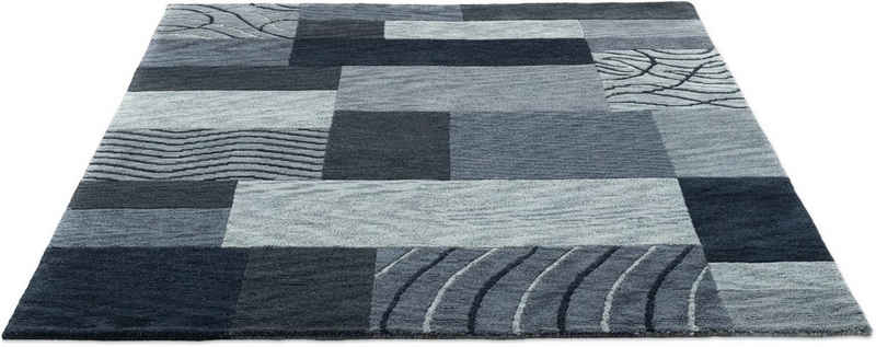 Wollteppich Domas 4028, THEKO, rechteckig, Höhe: 12 mm, Kurzflor, reine Wolle, handgeknüpft, modernes Patchwork Design