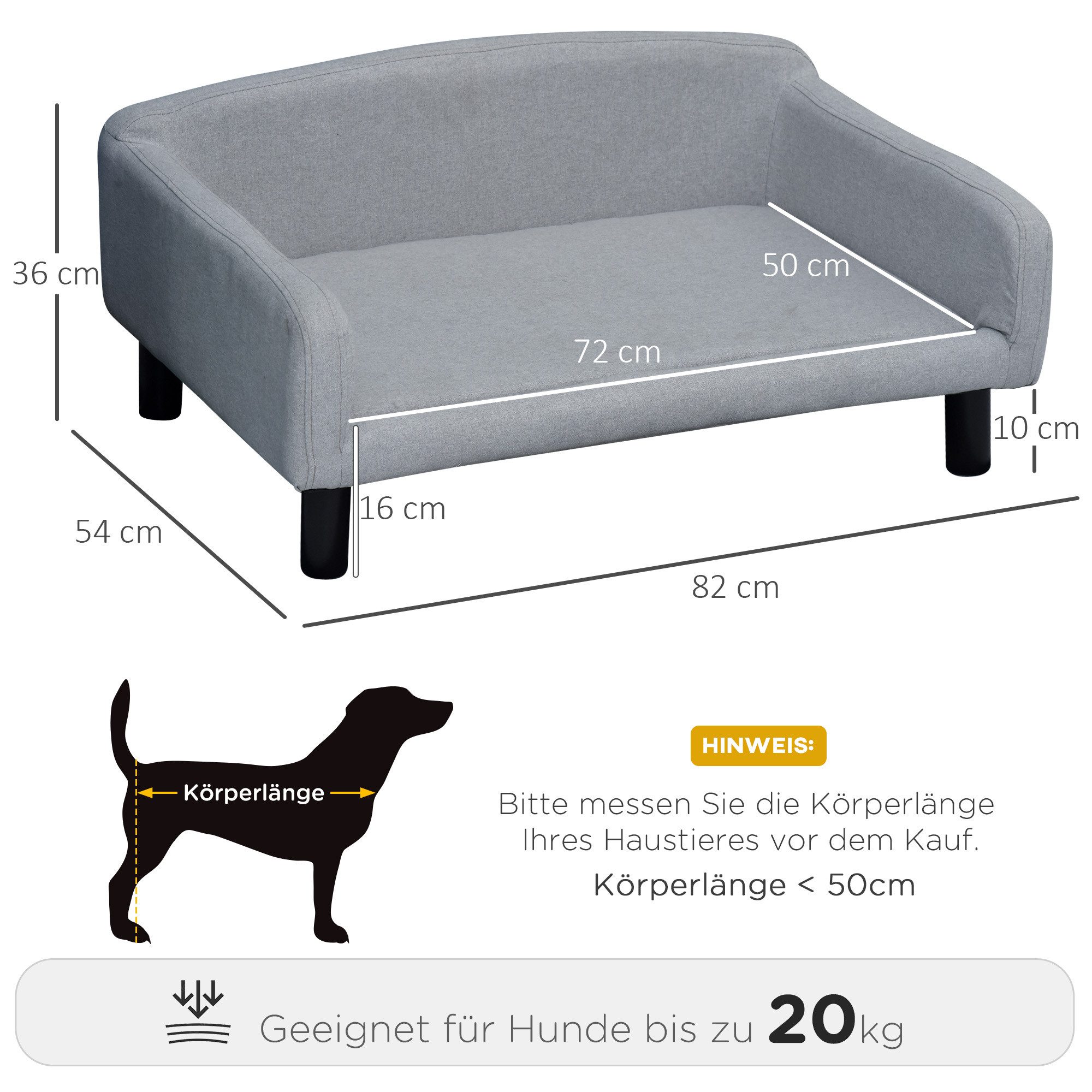 PawHut Tierbett Hundesofa mit Weichem Bezug, Polyester, Hellgrau 82 x 54 x 36 cm