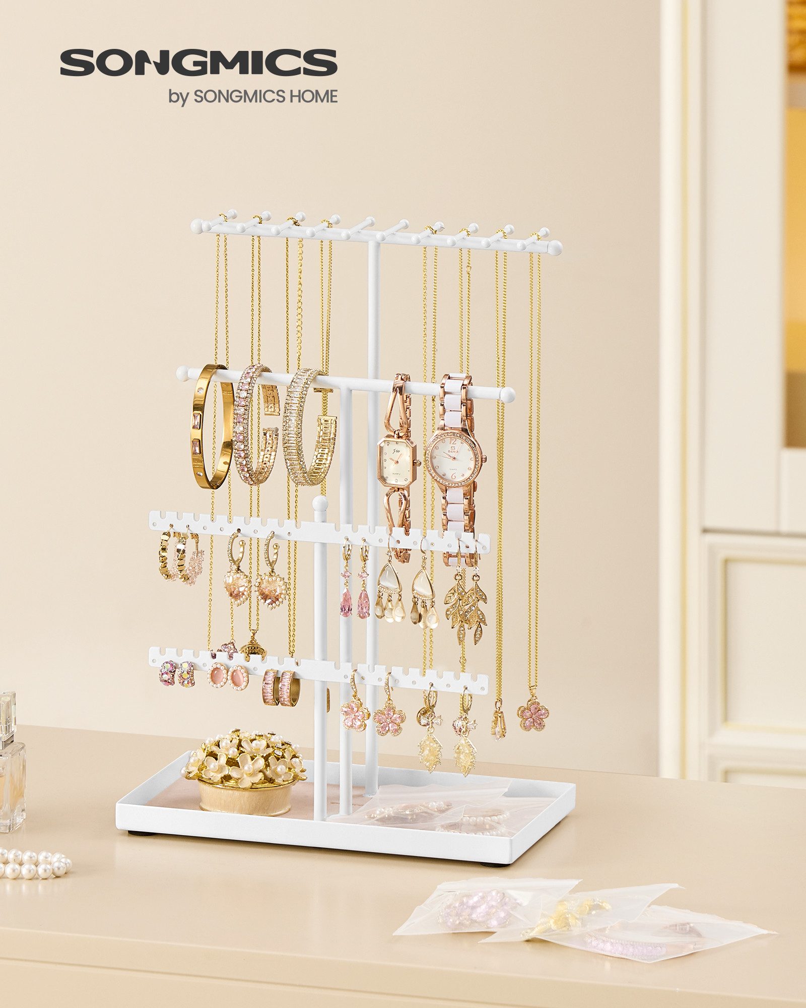 SONGMICS Schmuckständer Schmuckhalter, Metallrahmen, Geschenkidee, Schmucktablett Samt, Schmuckaufbewahrung für Halsketten Armbänder Ohrringe Ohrstecker Ringe