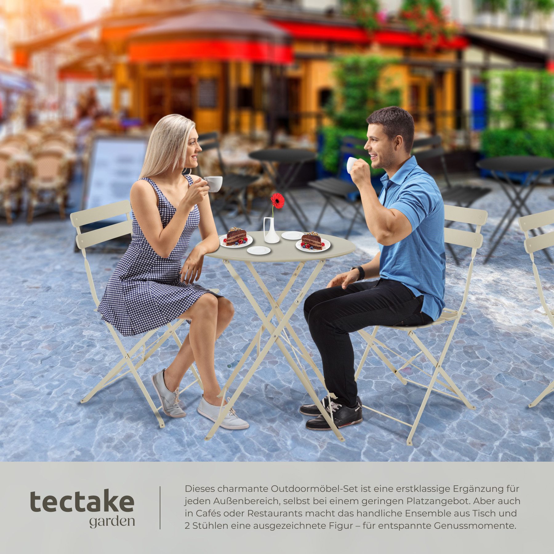 tectake Essgruppe Bistrotisch Set für 2 Personen, Belastbarkeit Stuhl 120 kg, (Bistrotisch Frieda, 3-tlg., in creme), klappbar, widerstandsfähig, UV-beständig – Bild 4 von 5