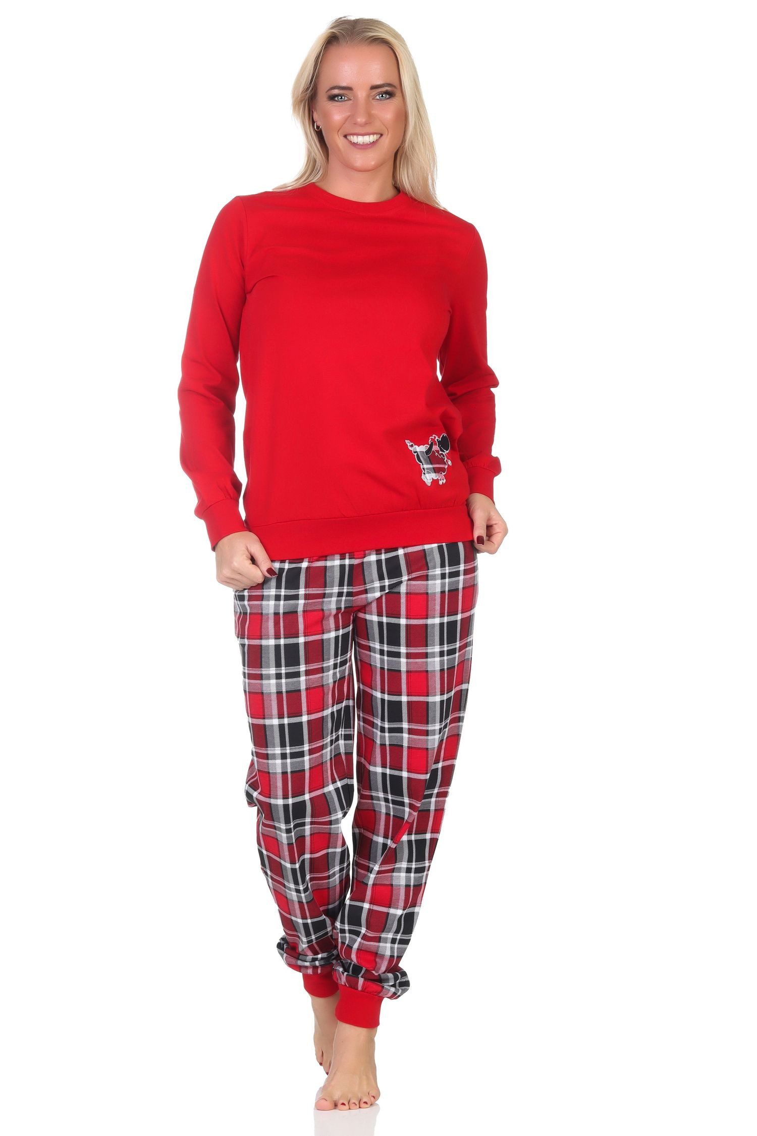 Normann Pyjama Damen Schlafanzug mit Bündchen mit Karohose und niedlichen Tiermotiv