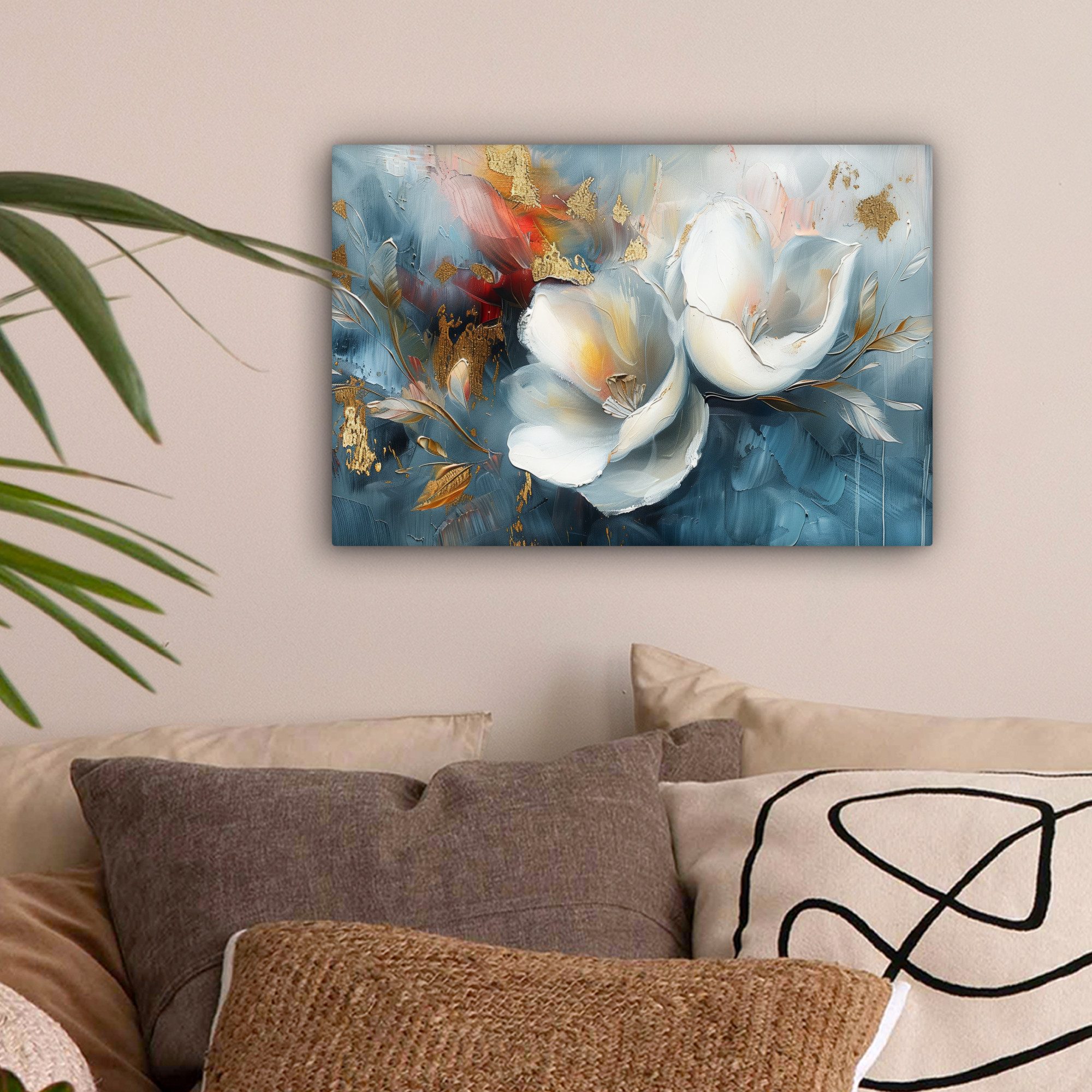 OneMillionCanvasses® Leinwandbild Blumen - Weiß - Gold - Kunst - Abstrakt, günstig online kaufen