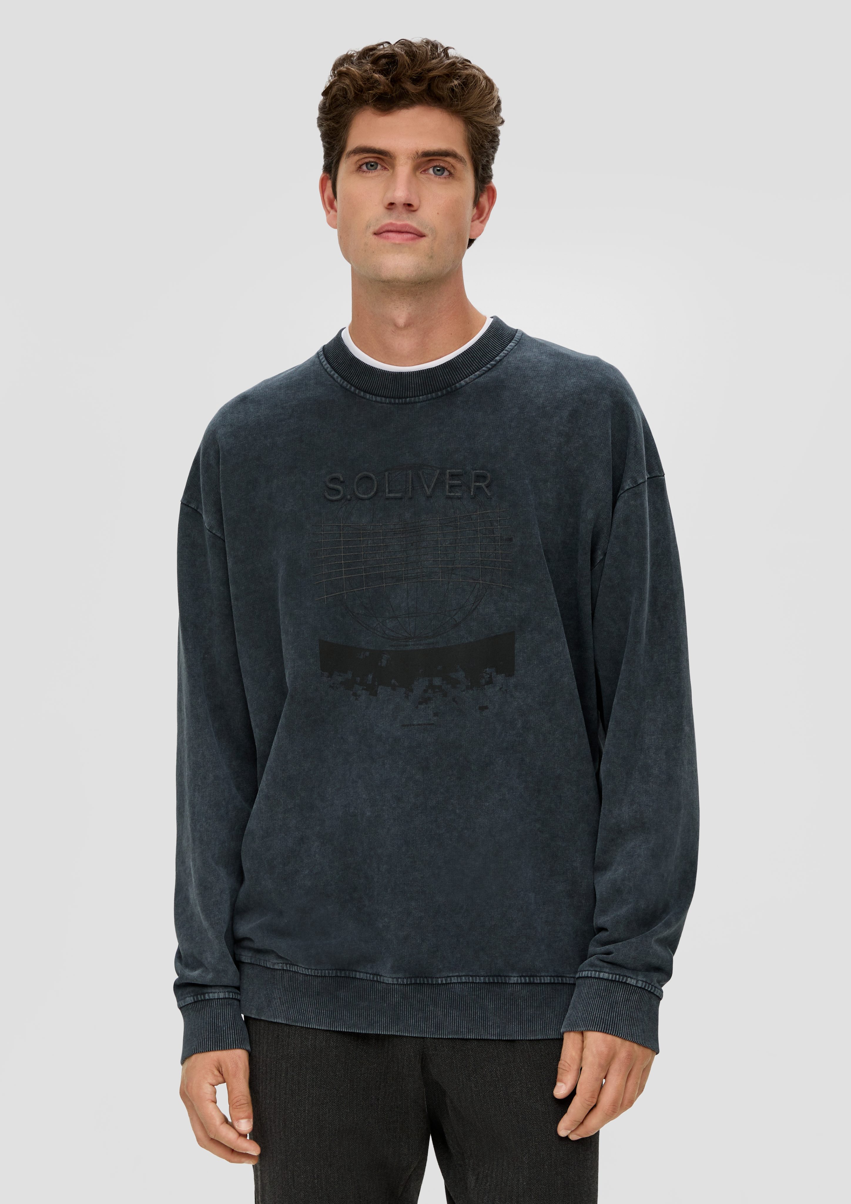 s.Oliver Sweatshirt Dye anthrazit Garment Grafik-Print mit Gewaschenes Sweatshirt