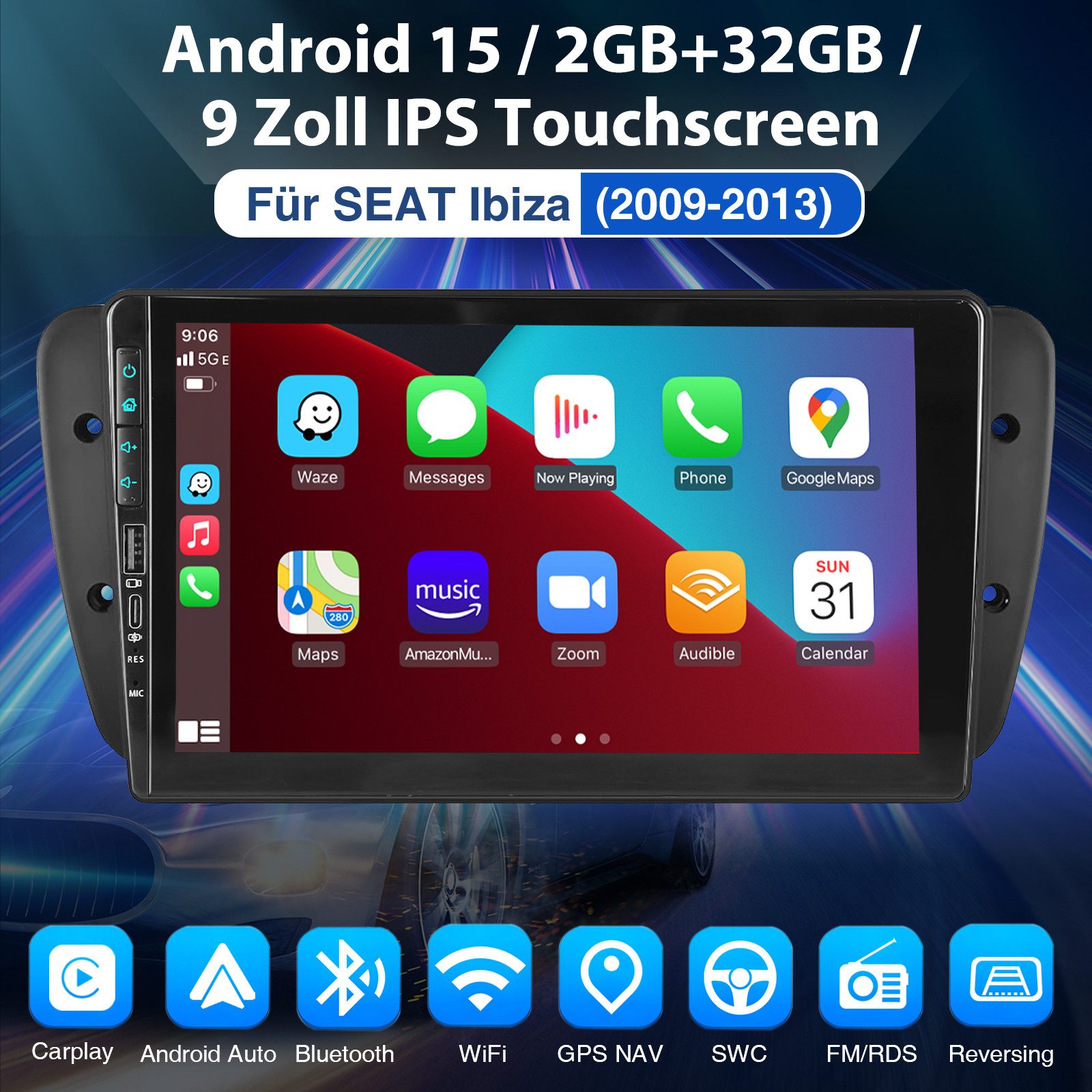 ESSGOO Android15 Für Seat Ibiza IV 6J 2009-2013 Carplay GPS Mit USB Type-C BT Autoradio (RDS, 4+64GB(optional), Digitalradio (DAB), DAB+ (optional), AM/FM, Carplay Android Auto Bluetooth EQ USB GPS Navi WIFI Touchscreen)