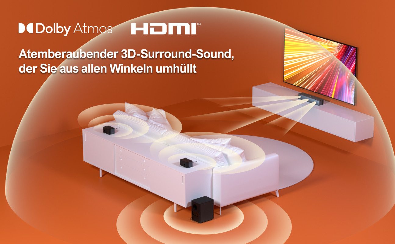 Ultimea Poseidon M4T Soundbar 5.1 Surround Sound System mit Dolby Atmos (Bluetooth 5.3, 410 W, Mit Subwoofer, 2 Rear-Lautsprechern, Einstellbarem Bass)