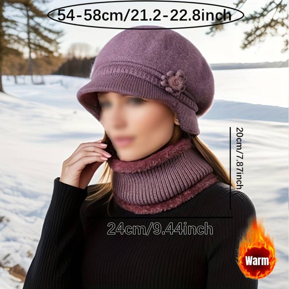 Blusmart Mütze & Schal Damen Wintermütze mit Schal Set (Warme gefütterte Beretmütze mit Blumenverzierung, 2-tlg., Elastische Strickmütze und Schlauchschal) Für  – Bild 2 von 5