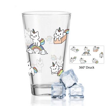 GRAVURZEILE Glas Wasserglas mit UV-Druck - im Magische Katze Design, Glas, Niedliches Einhorn-Katze Motiv mit Regenbogen