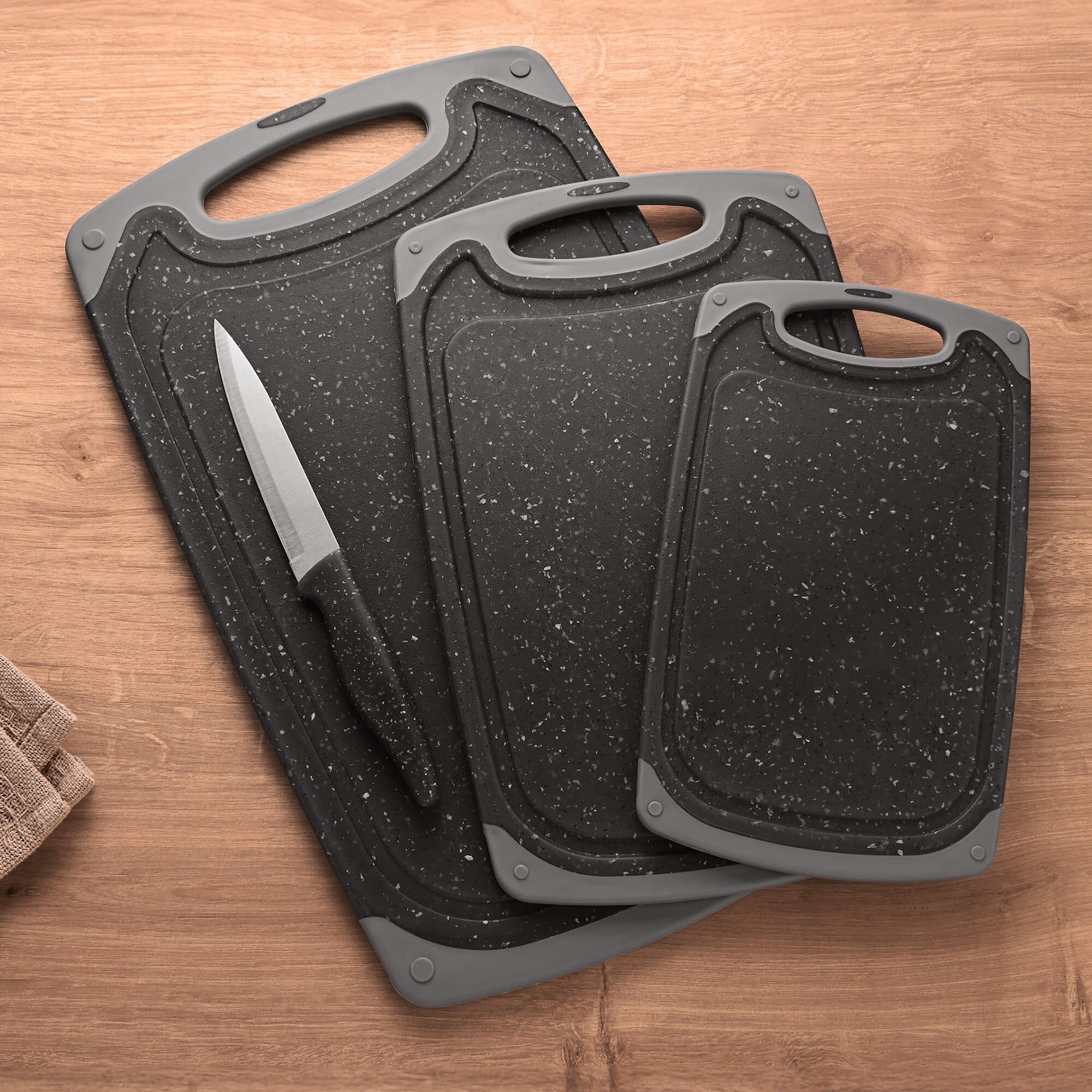 GRÄWE Schneidebrett Schneidebrett-Set, 4-teilig, inkl. Messer, Granit-Look