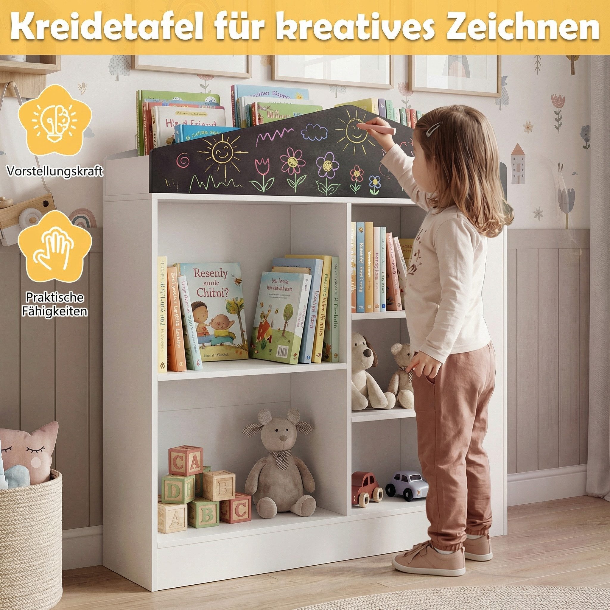 COSTWAY Kinderregal, Hausform, mit Fächern, Tafel & Kippschutzvorrichtung