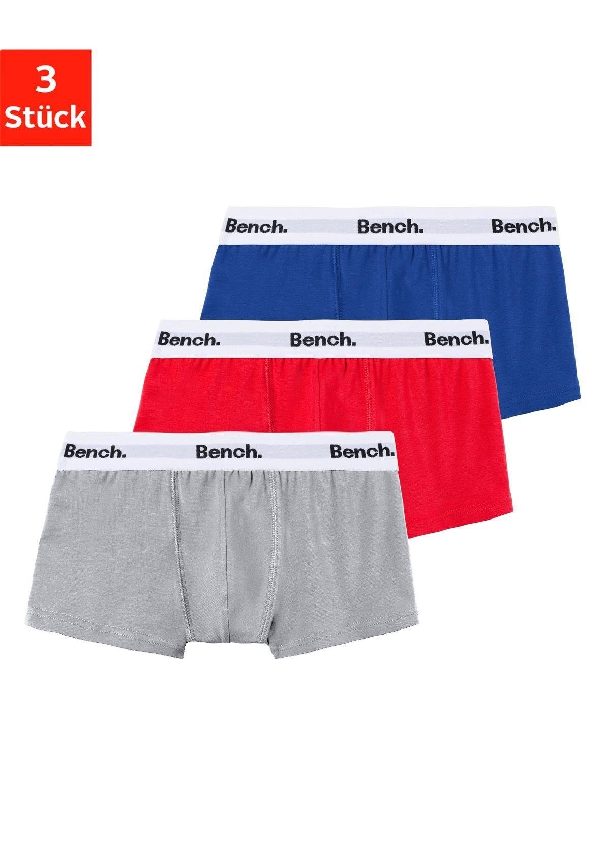 mit Bund 3-St) blau, Bench. weißem mit (Packung, Bench Schriftzug grau-meliert Boxer rot,