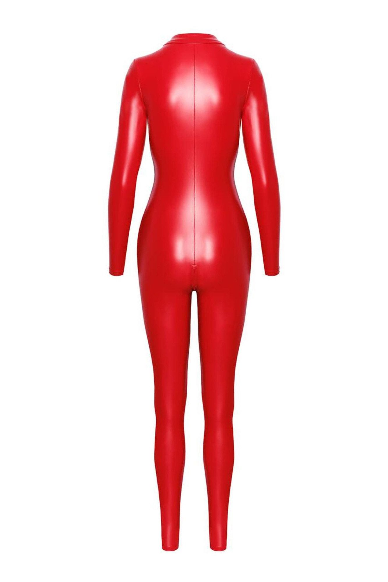 Noir Handmade Overall Roter Damen Wetlook Overall mit vorderem 3-Wege Reißverschluss Catsuit – Bild 4 von 5