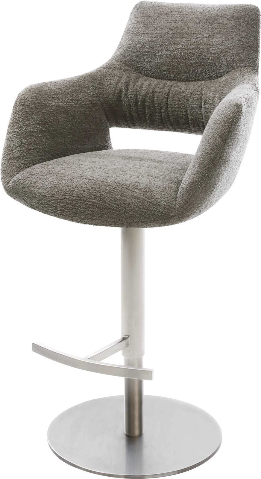 DELIFE Barhocker Yago-Flex, Drehfuß höhenverstellbar Edelstahl Silberfarben Bouclé Soft Schlamm Ta