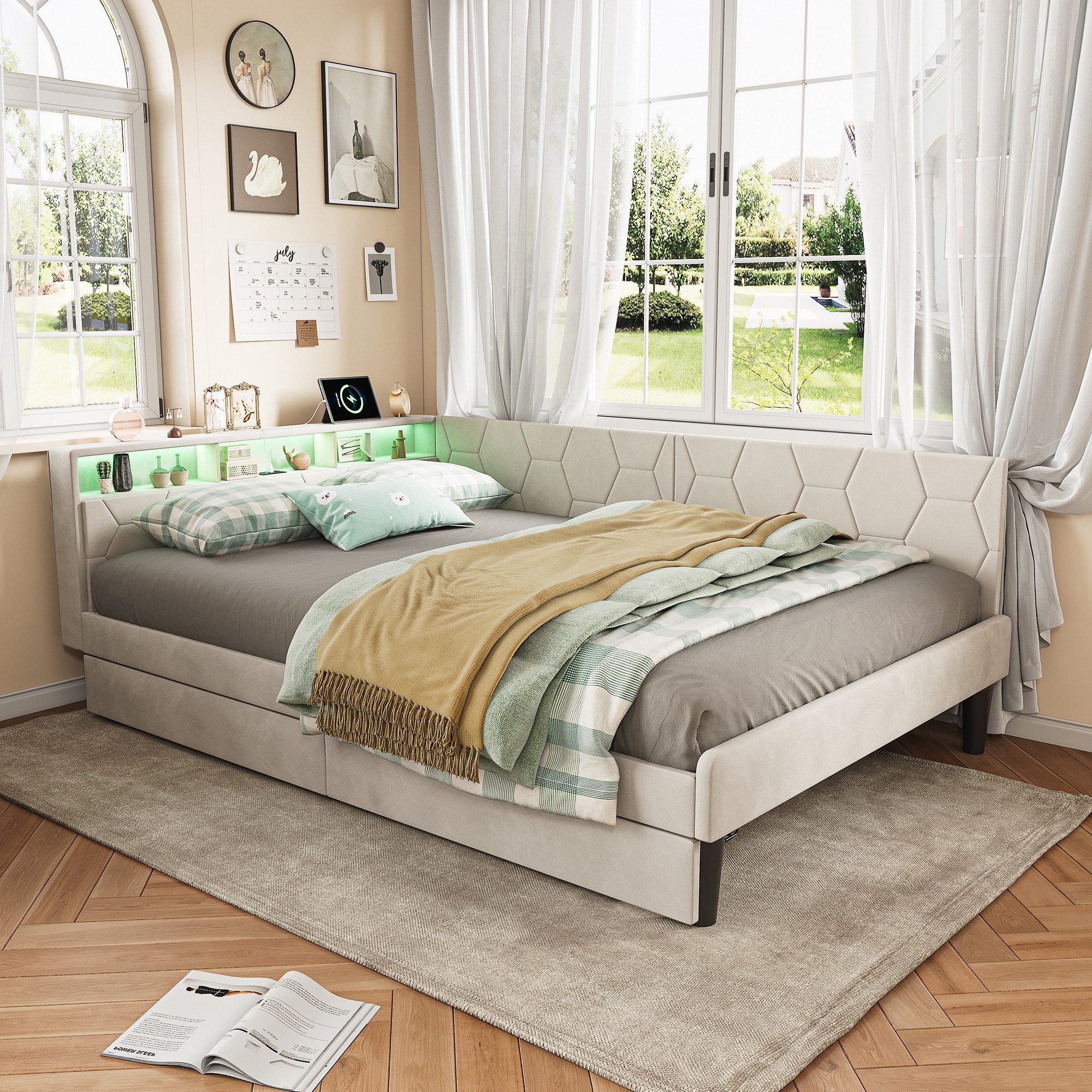 ADWOLT Daybett Tagesbett Polsterbett mit LED-Beleuchtung und Stauraum, Schlafsofa Jugendbett 140x200 mit 2 Schubladen und USB,&Typ-C,Beige