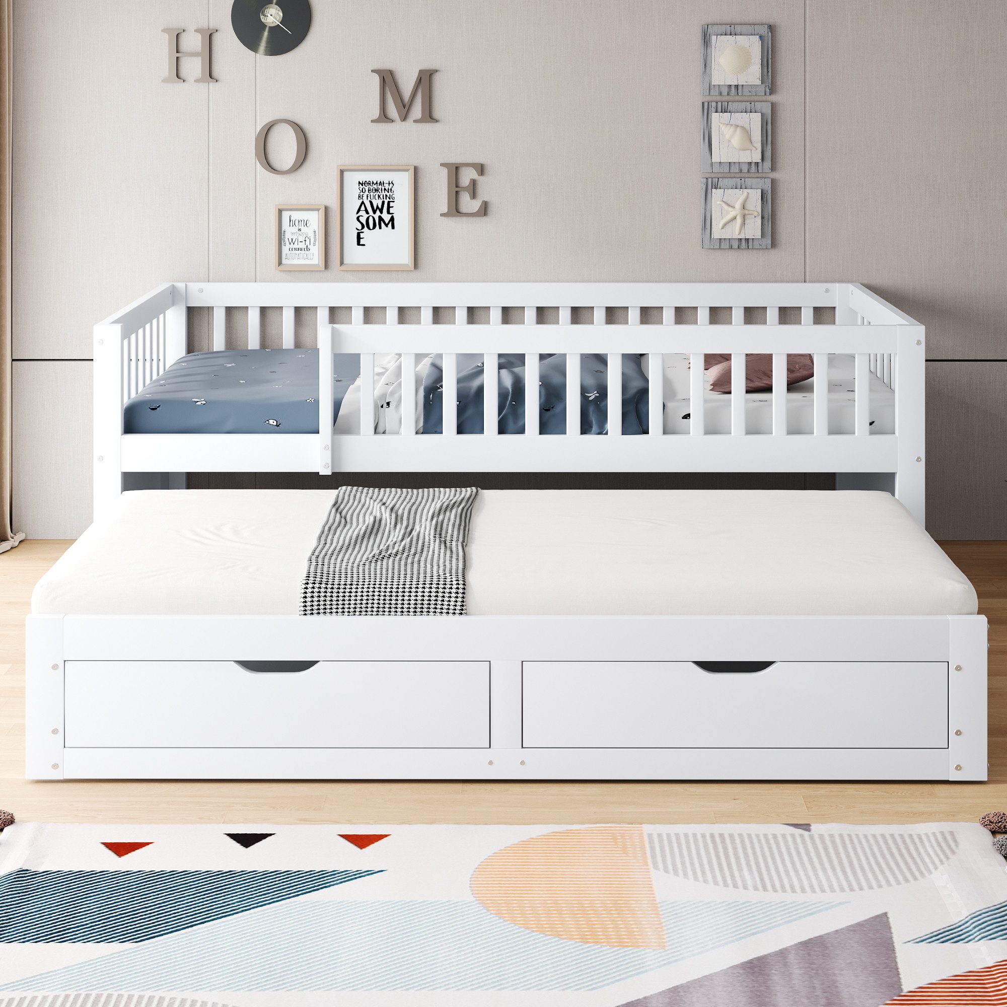 Merax Daybett mit Ausziehbett 90x190cm (Jugendbett Doppelbett Kinderbett Sofabett, Kiefernholz, 1 tlg), Schlafsofa Tagesbett 90x200cm mit 2 Schubladen und Sicherheitsgitter