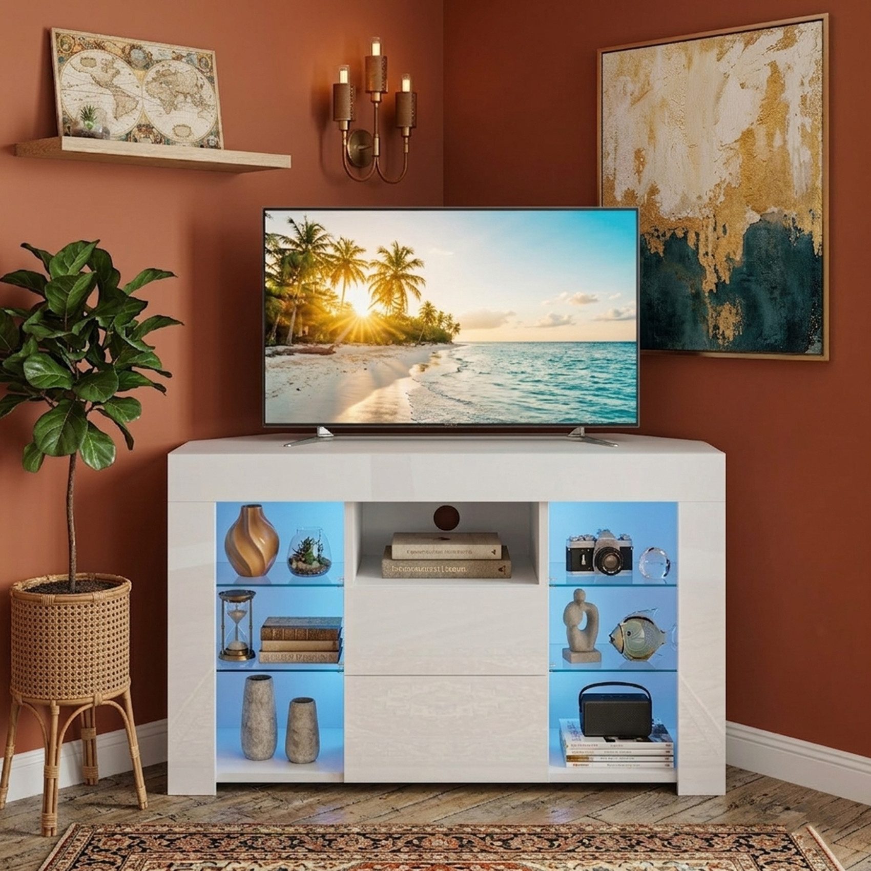 Dripex TV-Schrank TV Eckschrank Lowboard LED Weiß Hochglanz Eckkommode mit Beleuchtung – Bild 2 von 5