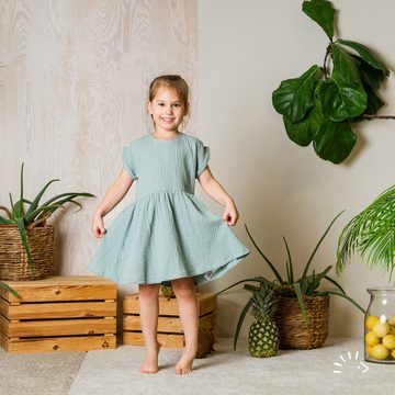 Popolini Sommerkleid Kinder Musselin Kleid, Kurzarm, Topaz Grün, GOTS (1-tlg) perfekt für warme Tage, Bio Baumwolle
