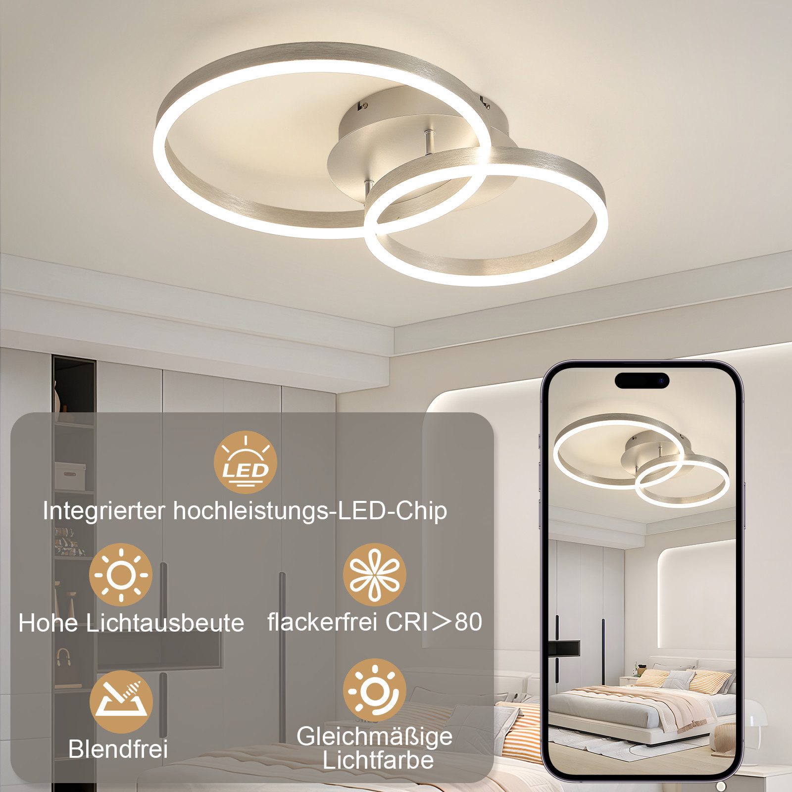Nettlife LED Deckenleuchte Dimmbar Modern 3 Ring 82CM 74W Deckenlampe Schla günstig online kaufen