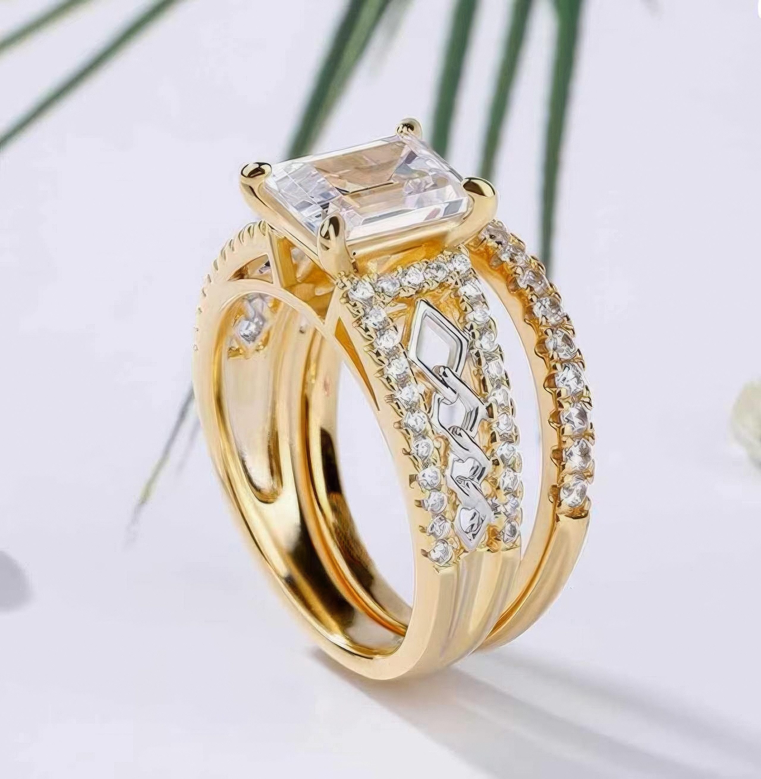 Jumpeak Diamantring Diamant-Ring-Set für Damen, ring gold damen 585 echtgold, labordiamant, geschenk für schwester geburtstag, 2ct D VS1 Emerald-Diamant